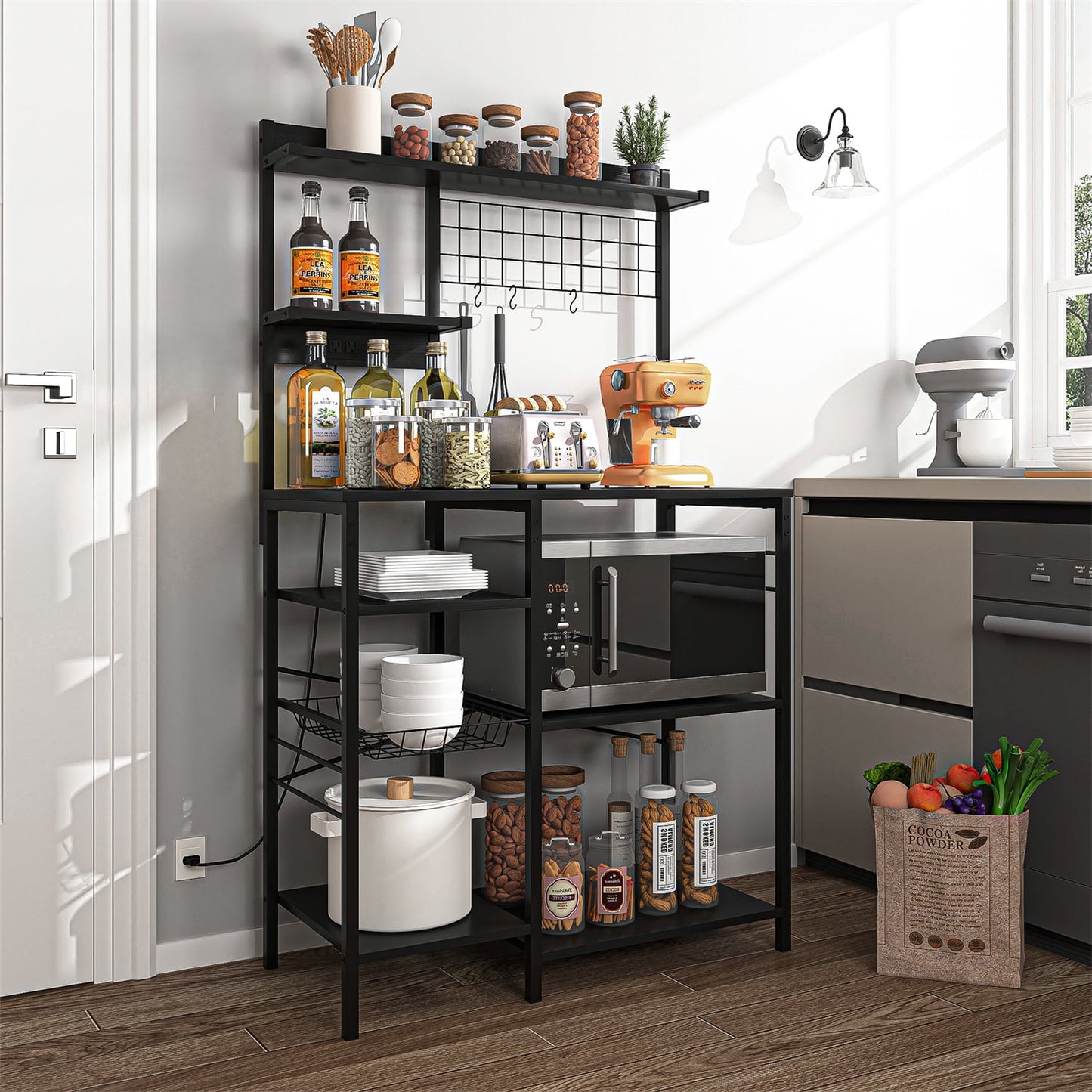 Hommoo Multipurpose Kitchen Storage Rack, Kitchen Baker’s Rack with Power Outlet, Storage Shelf Microwave Stand Coffee Bar Station, Black