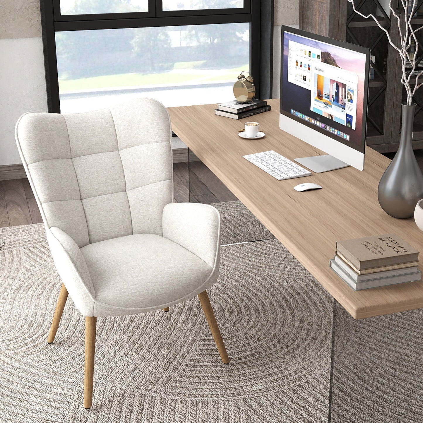 Homy Casa Desk Chair, High Wingback Comfortable Home Office Reception Seating, Beige