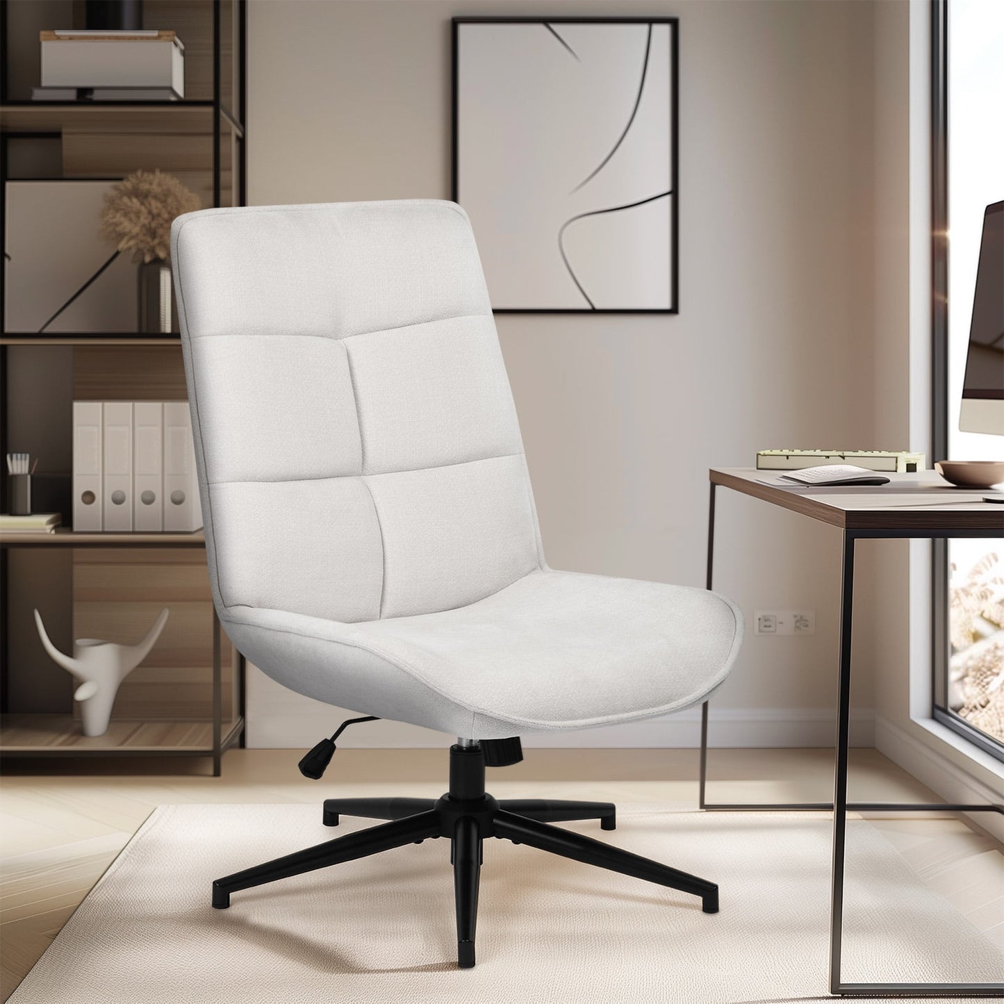 Homy Casa Office Desk Chair, Adjustable Height 15° Tilt High Back Swivel Makeup Vanity Chair, Beige