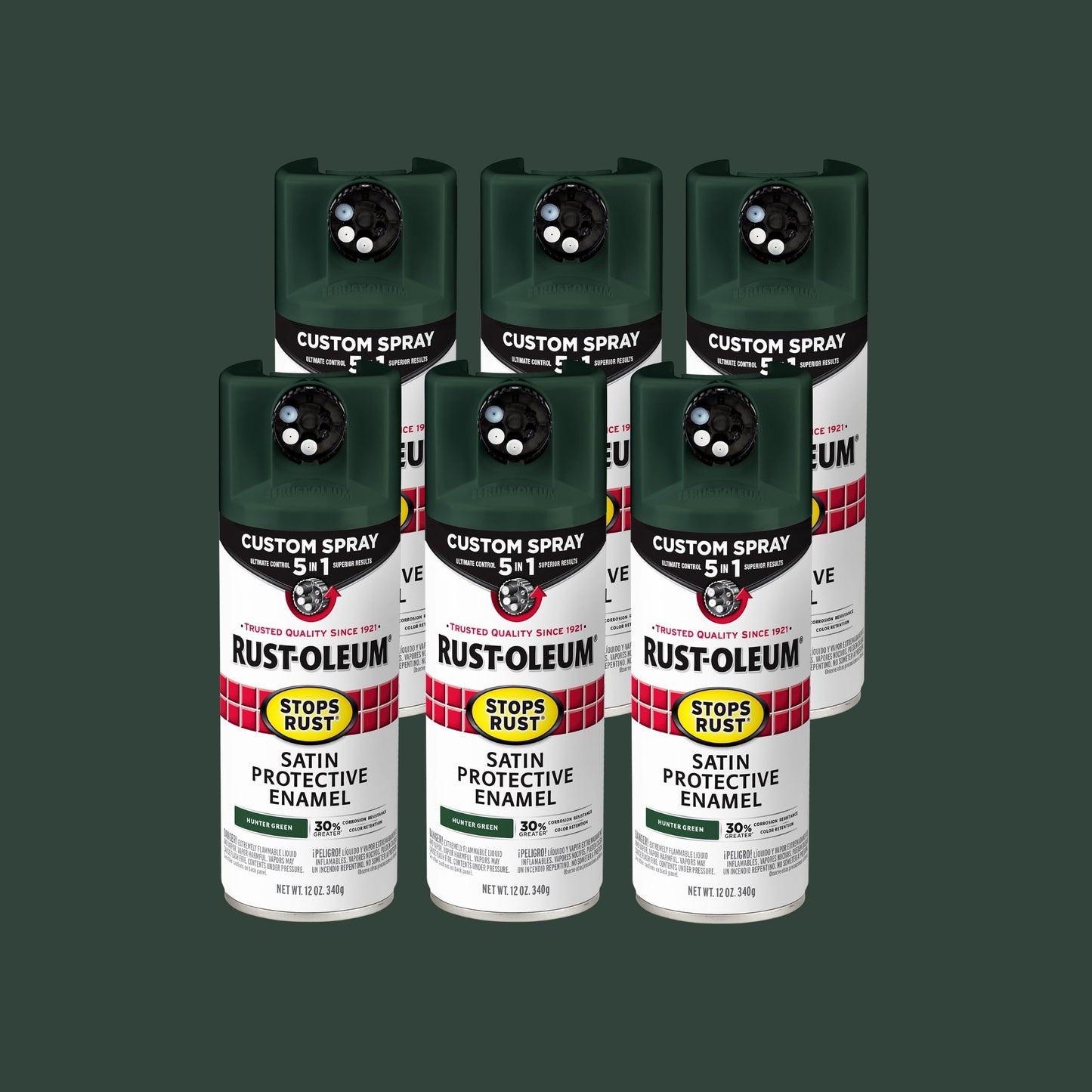 6 Pack, Hunter Green, Rust-Oleum Stops Rust Custom Spray 5 in 1 Satin Spray Paint-376874, 12 oz