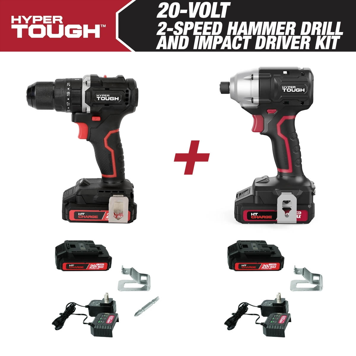 Hyper Tough 20V 1/4†Impact Driver & 1/2†2-Speed Hammer Drill Bundle, (2) 1.5Ah Lithium-Ion Batteries & (2) Chargers