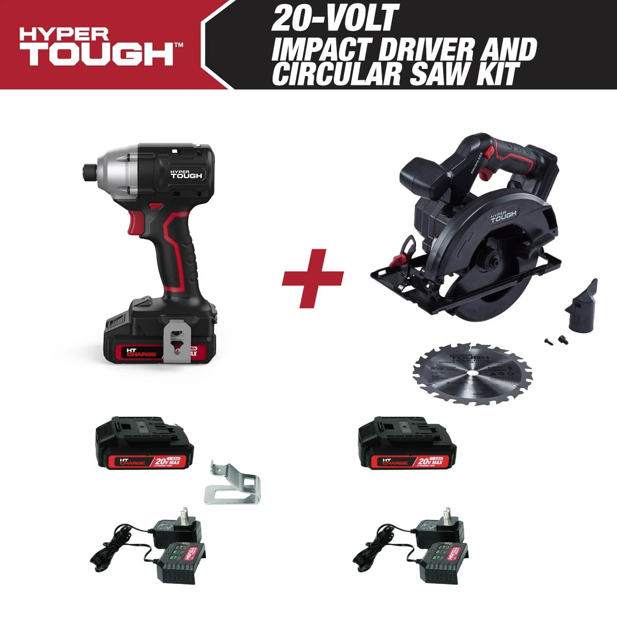 Hyper Tough 20V Cordless 1/4” Impact Driver & Circular Saw Bundle, (2) 1.5Ah Lithium-Ion Batteries & (2) Chargers