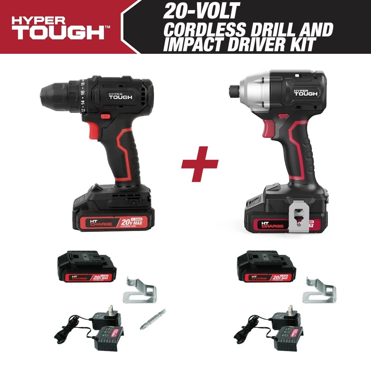 Hyper Tough 20V Max 3/8" cordless Drill / 1/4" cordless Impact Driver Combo with (2) - 1.5Ah batteries and chargers