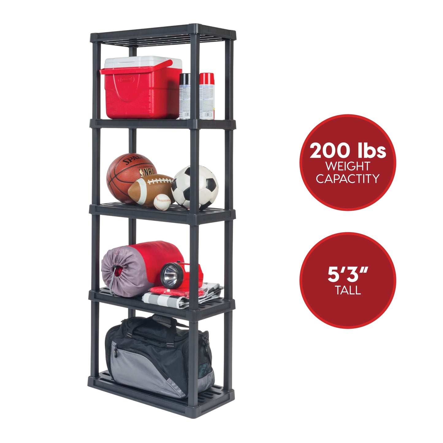 IRIS 5-Tier Plastic Storage Shelves, 63" H x 11" W x 23" D, 200 Lb Total Capacity, Black