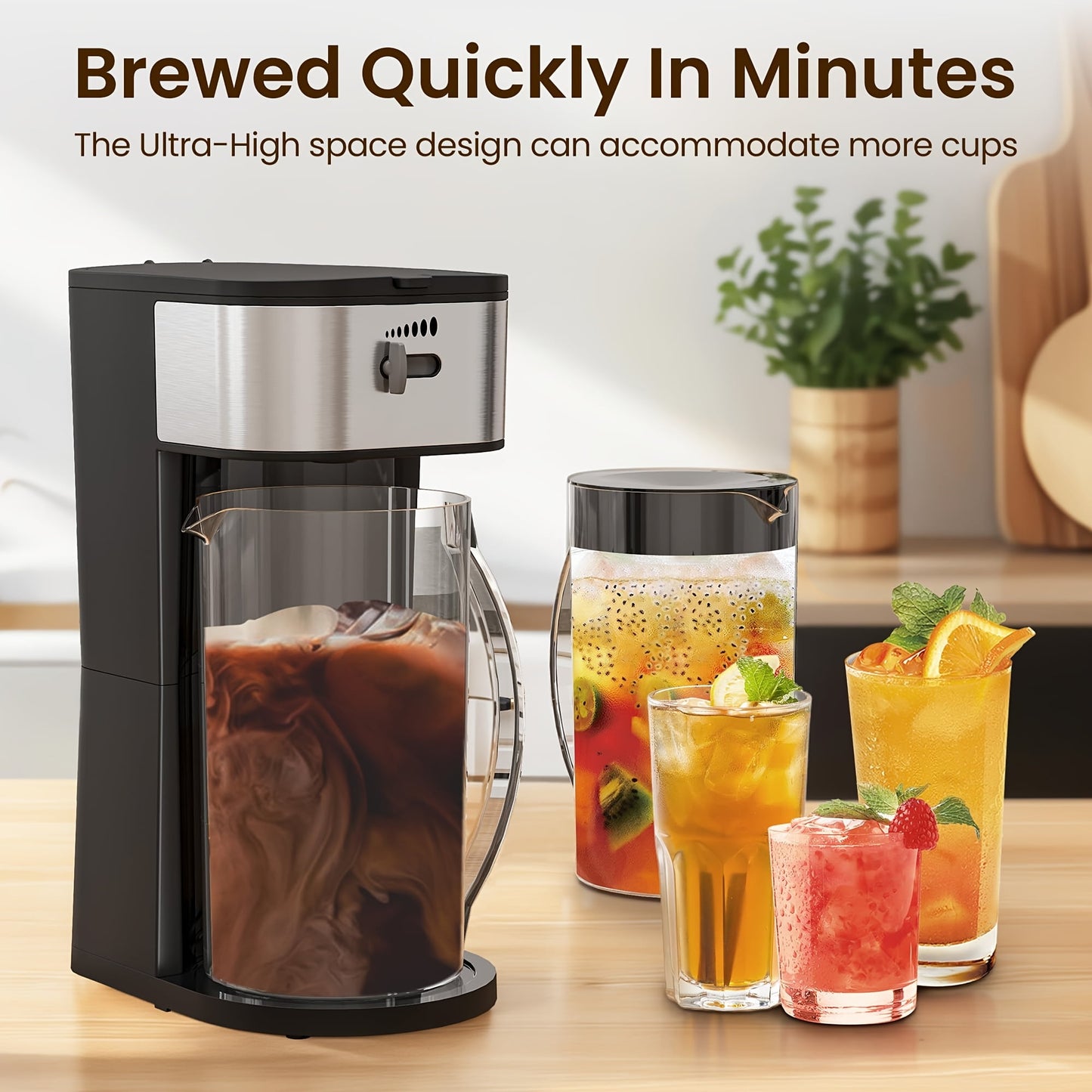 Iced Coffee Tea Maker With Reusable Filter Basket, 3 QT Pitcher, Iced Tea And Coffee Machine, Tea Makers For Iced Tea, Lattes, Lemonade And Flavored Water, Adjustable Brew Strength, Black And Silver
