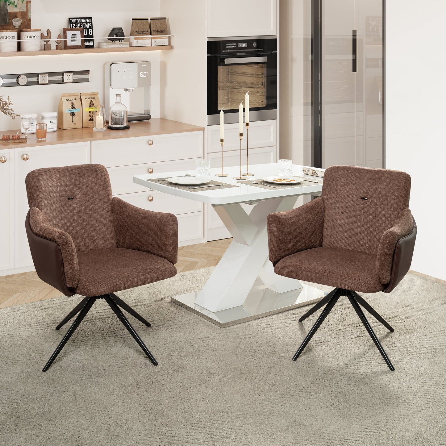 Jopath 360°Swivel Dining Chairs, Set of 2 Upholstered Bedroom Chairs with Metal Base for Living Room Bedroom Vanity Study Room Dining Room(Dark Brown)