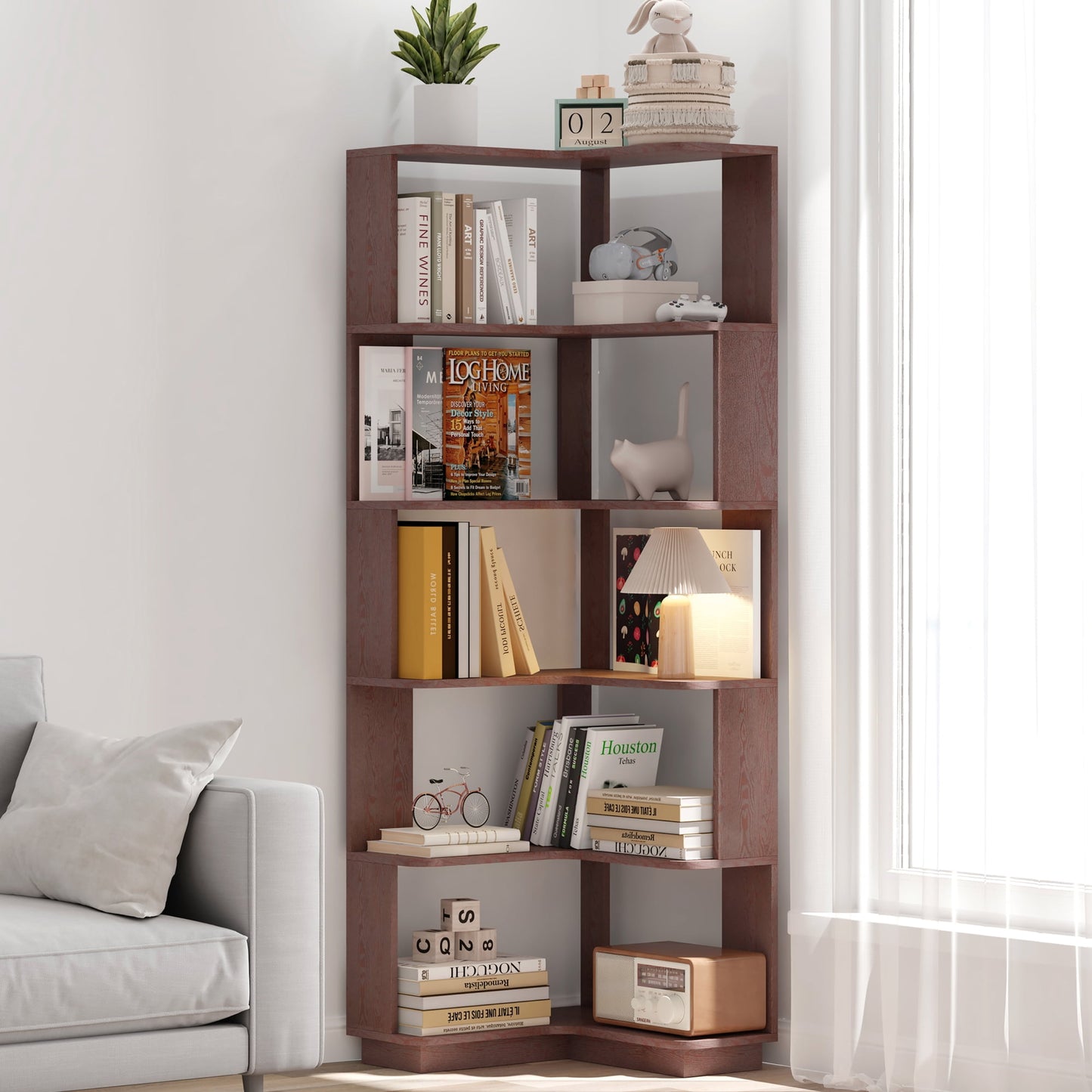 Jopath Corner Bookcase,Modern 90°L-Shaped Bookshelf, Open Storage Display,Anti-Falling Baffle Design,For Office Living Room Dark Red