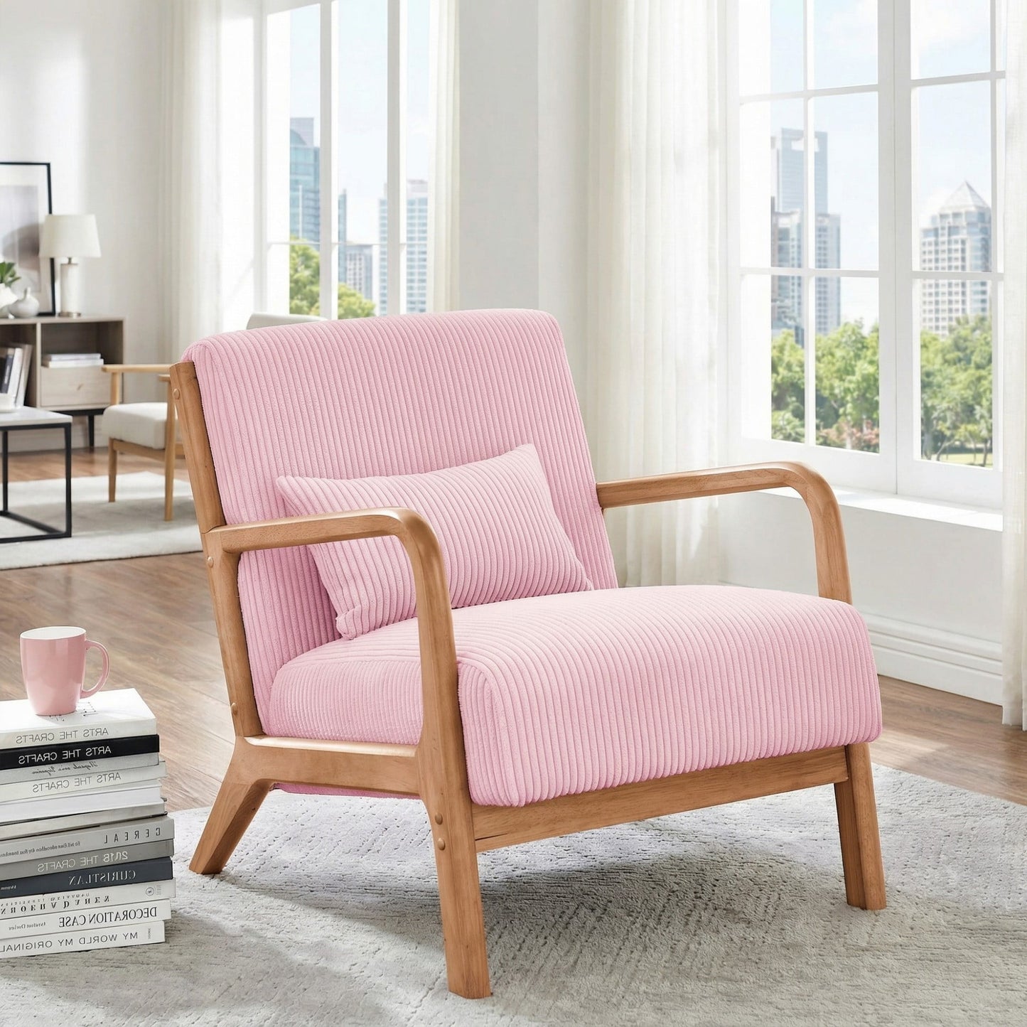 Jopath Silla Decorativa de Mediados de Siglo, Silla Moderna de Tela de Pana con Estructura de Madera y Almohada, Sillón Tapizado, Silla de Lectura, Silla de Salón para Sala de Estar, Dormitorio, Rosa