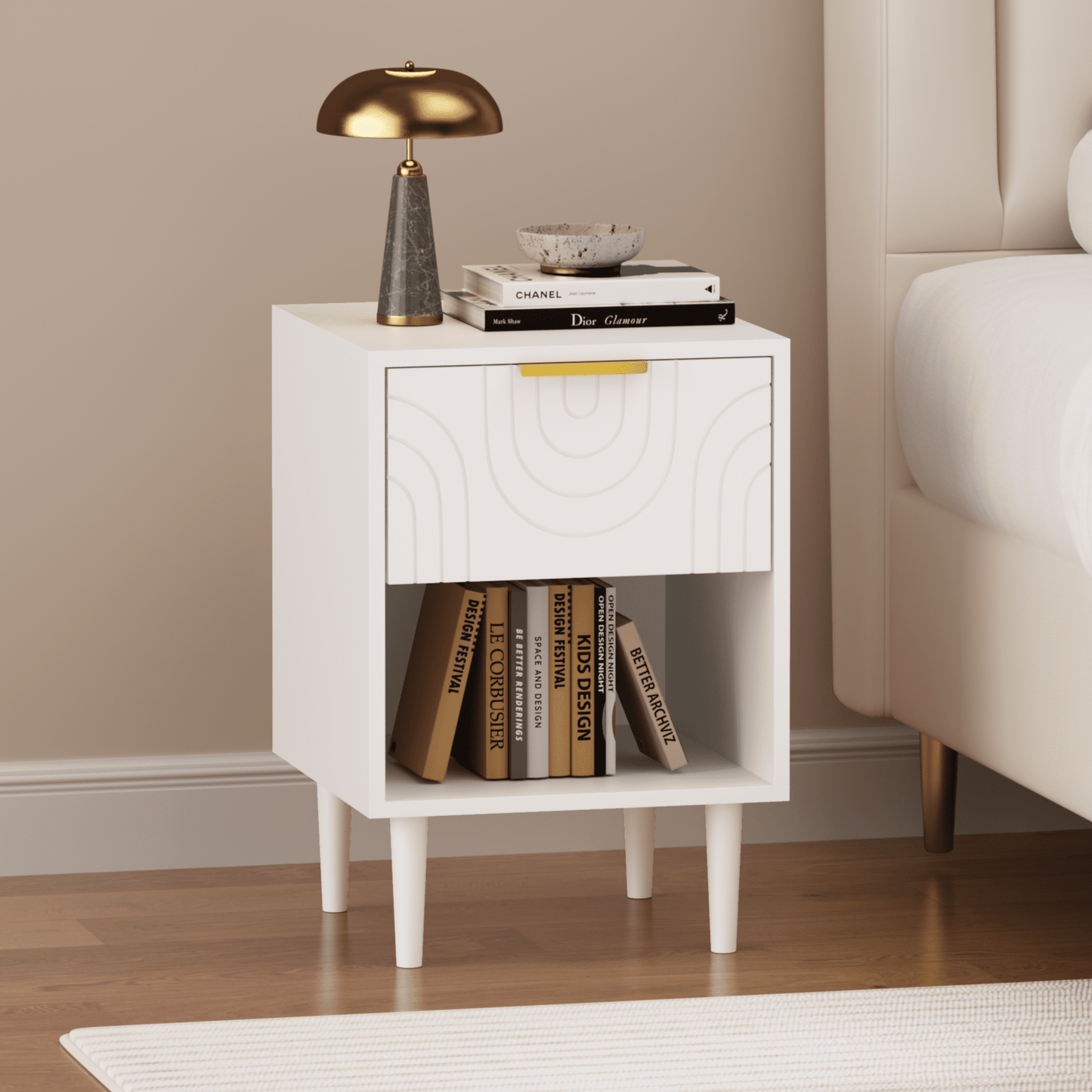 Jopath Modern White Nightstand with One Drawer and Open Shelf, Wood Bedside Table,Small End Table for Bedroom,Living Room or Apartment