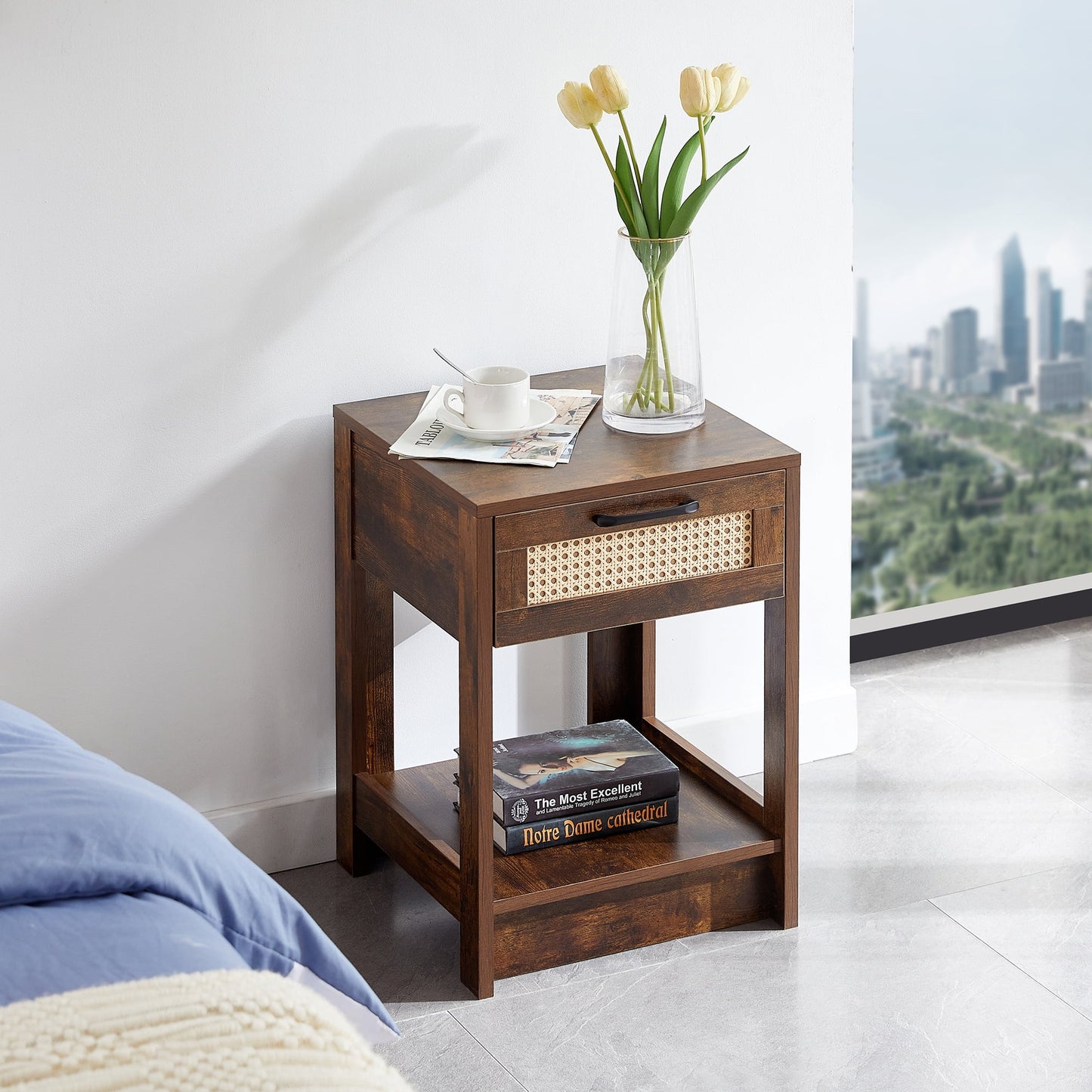 Jopath Rattan Side Table, Modern Nightstand Bedside Table 15.75" Bedside End Table With Drawer, Modern Farmhouse Nightstand For Living Roon, Natural
