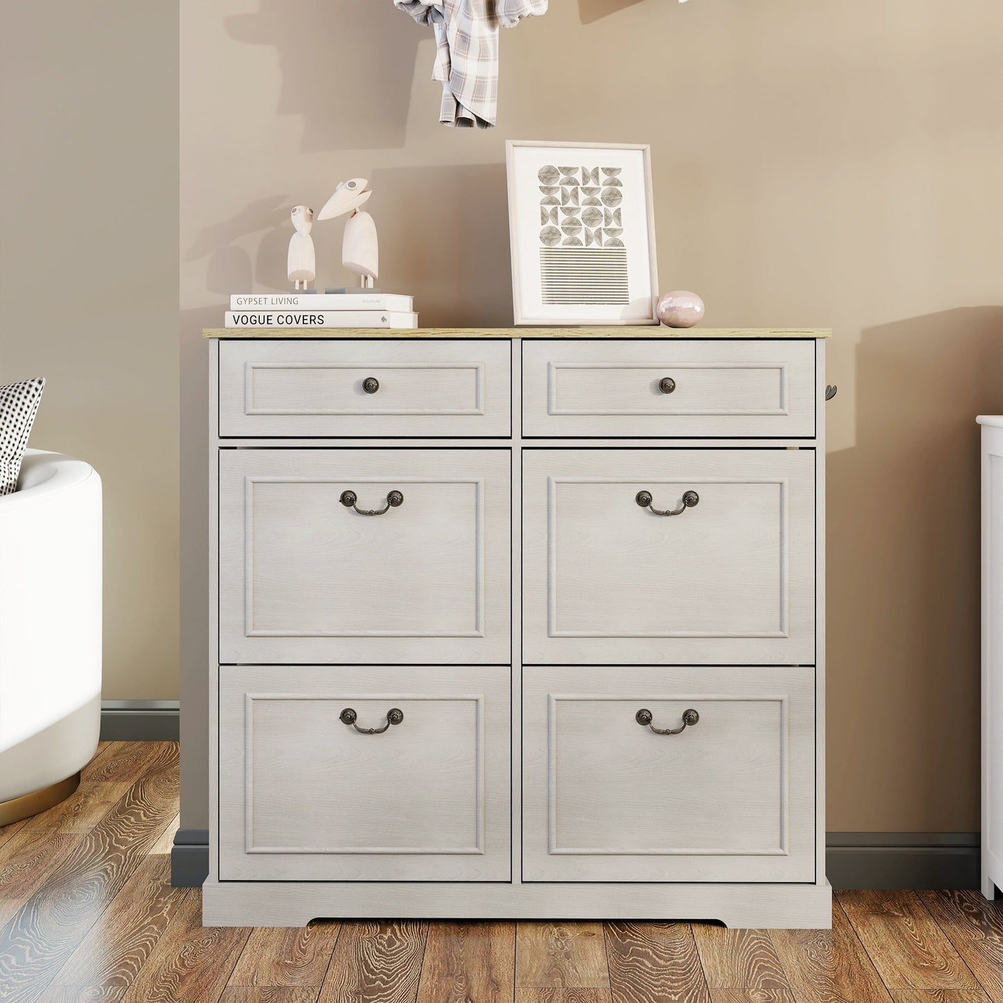 Jopath Shoe Storage Cabinet with 2 Drawers 4 Flip Drawer Antique White