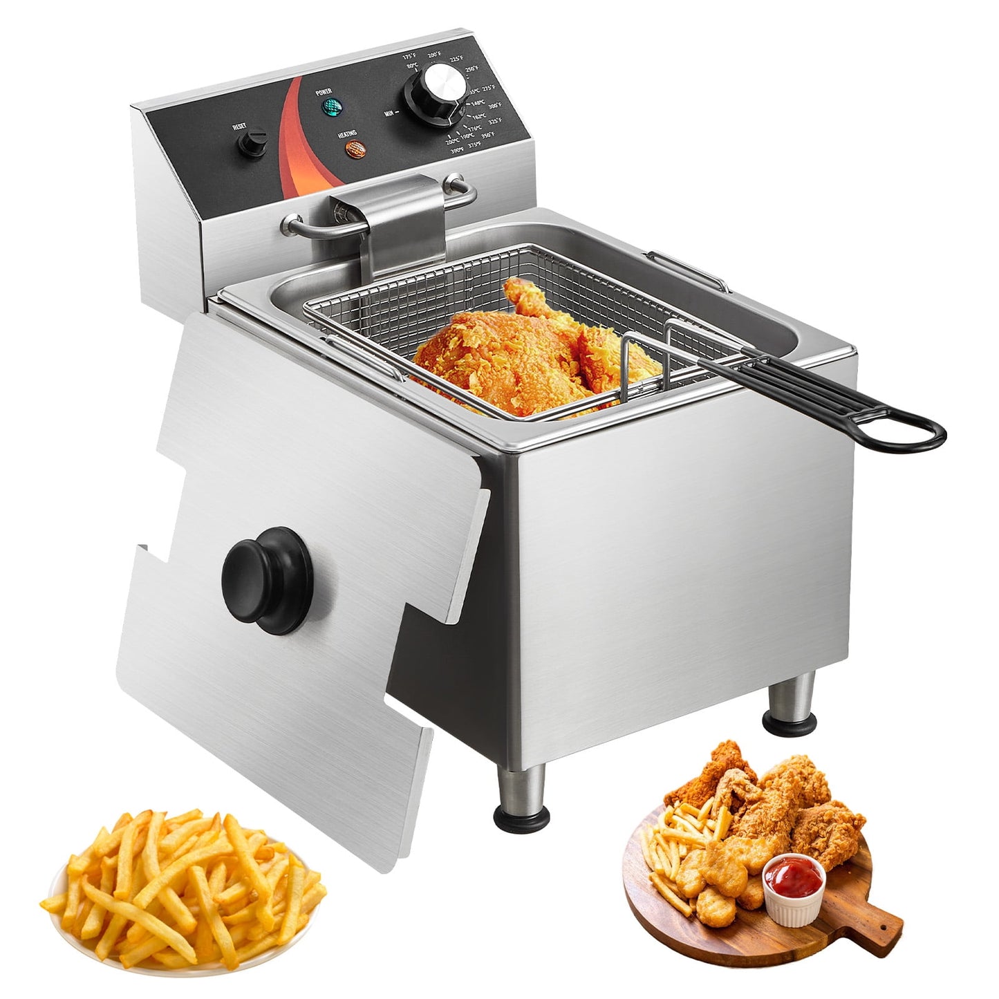 KFFKFF 12Qt 1750W Commercial Electric Deep Fryer, Countertop Design Stainless Steel Deep Fryer with Basket, Adjustable Feet, Temperature Control, Safety Overheat Protection