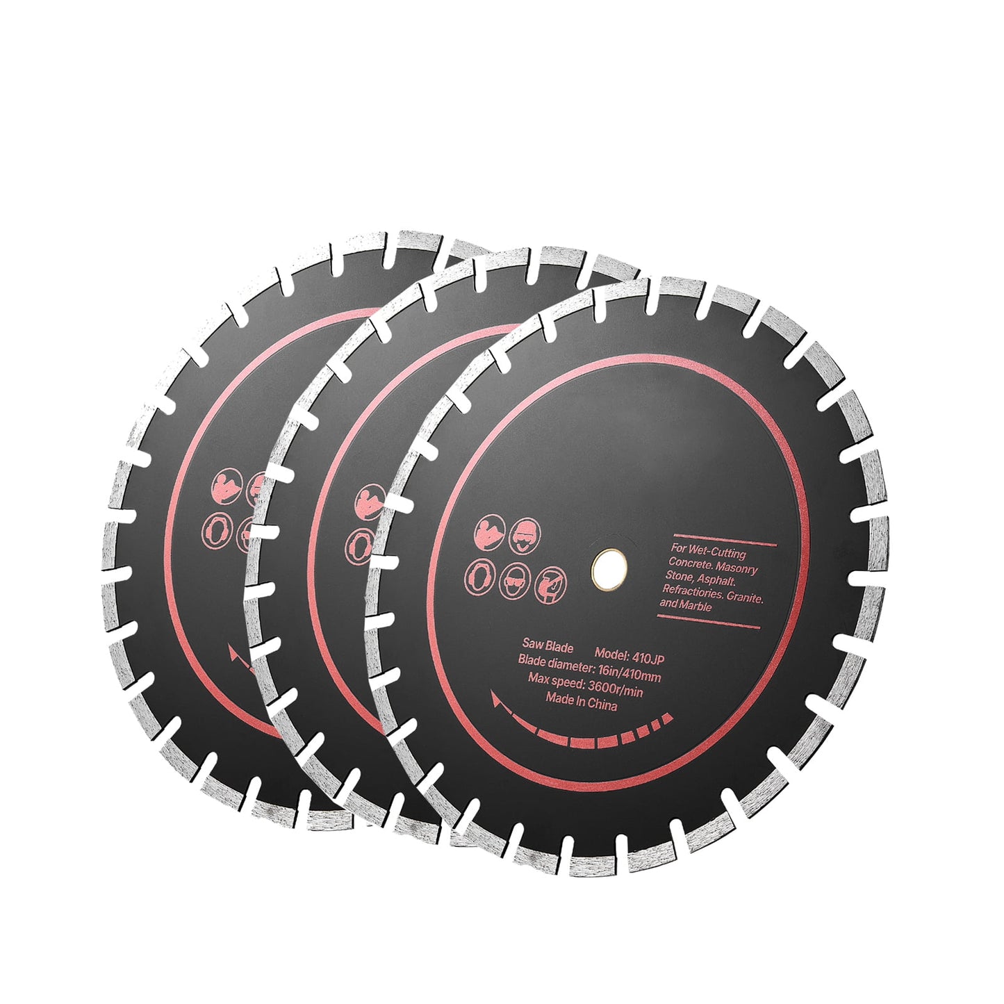 KFFKFF 16-Inch Diamond Blade Set, 3-Pack, 1-Inch Arbor, Durable Diamond Segments, 65Mn Steel Core, Suitable for Dry and Wet Cutting, Smooth Cuts on Concrete, Masonry, Brick, Stone, and Granite