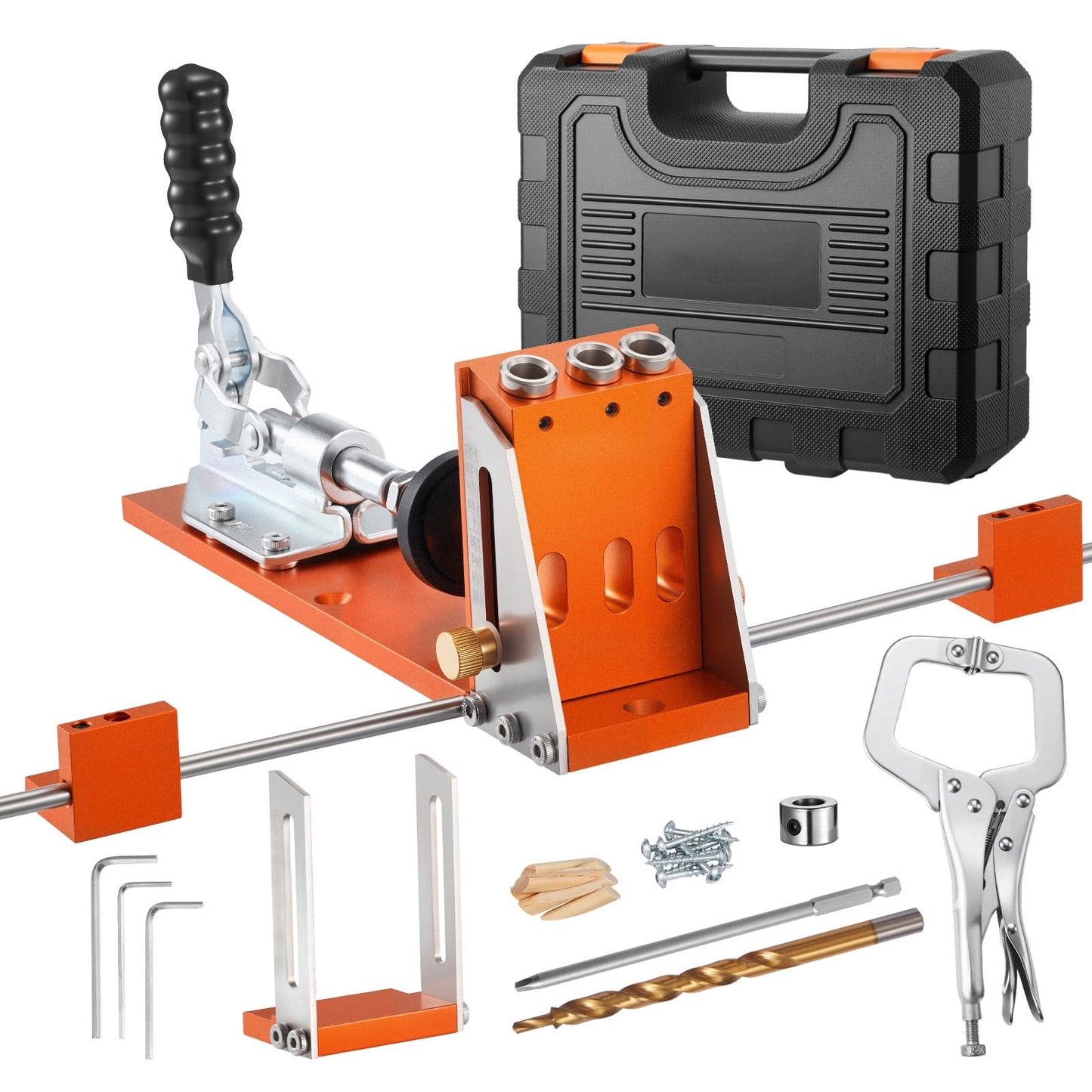 KFFKFF Adjustable Pocket Hole Jig Kit, Compatible with 1/2 to 1-1/2 Inch Materials, Includes Toolcase, C-Clamp, Step Drill, Hex Wrench, Drill Stop Ring, Square Drive Bit, Durable Metal Frame