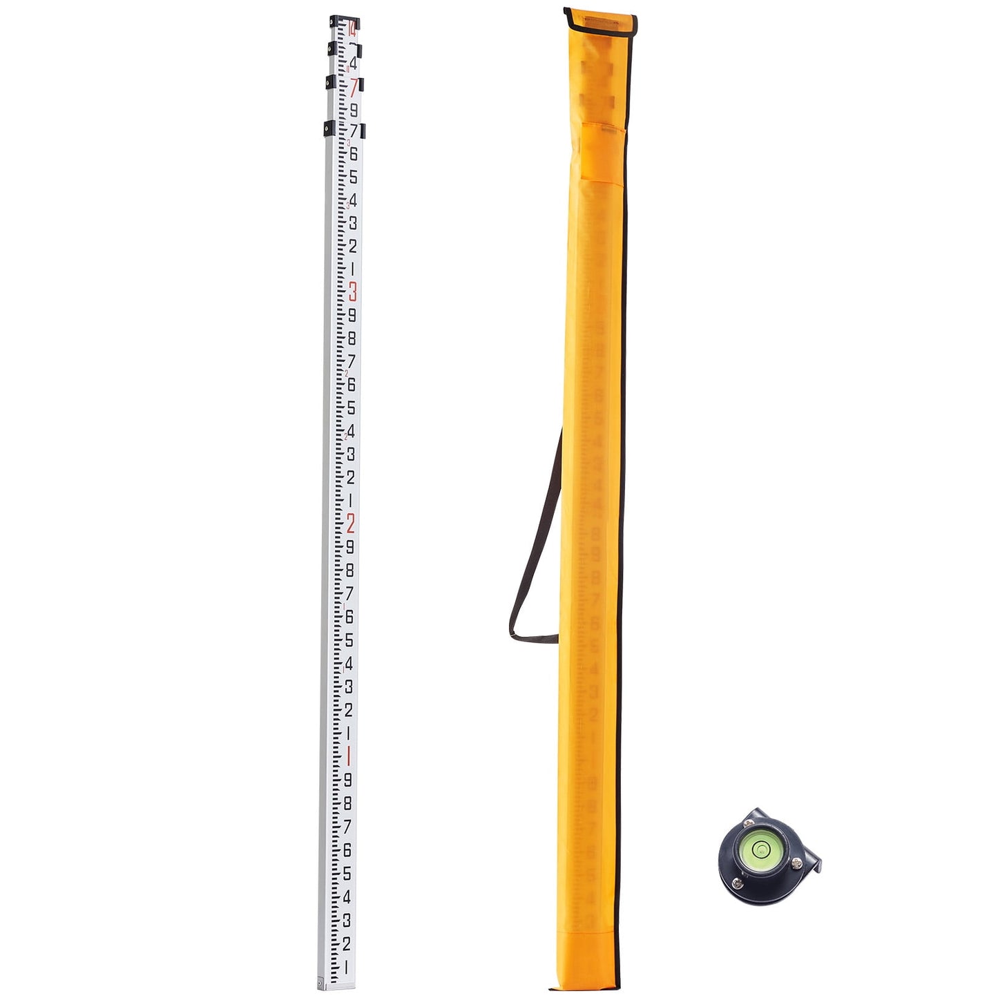 KFFKFF Aluminum Measuring Rod, 14-Foot Telescopic Survey Tool with 6 Sections, Double-Sided Scale in 1/10 ft, Leveling Stick with Bubble Level and Carrying Bag for Construction and Flooring