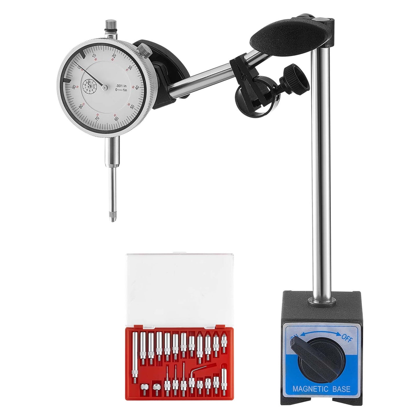 KFFKFF Dial Test Indicator with Dual Rod Stand and Storage Case, 0.001 inch Precision, 0-1 inch Measuring Range, Adjustable Long Arm, Non-Magnetic Rods for Machine Alignment