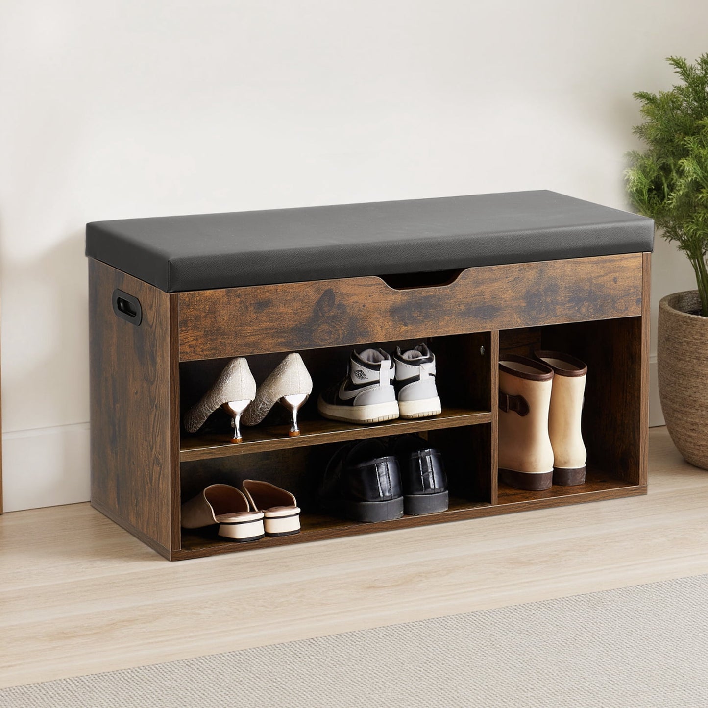 KFFKFF Entryway Shoe Bench with Cushion, Shoe Storage with Lift-Top Compartment, 300lbs Capacity Bench with 3 Storage Sections for Hallway, Living Room, 31.7 x 12.0 x 17.5Inch