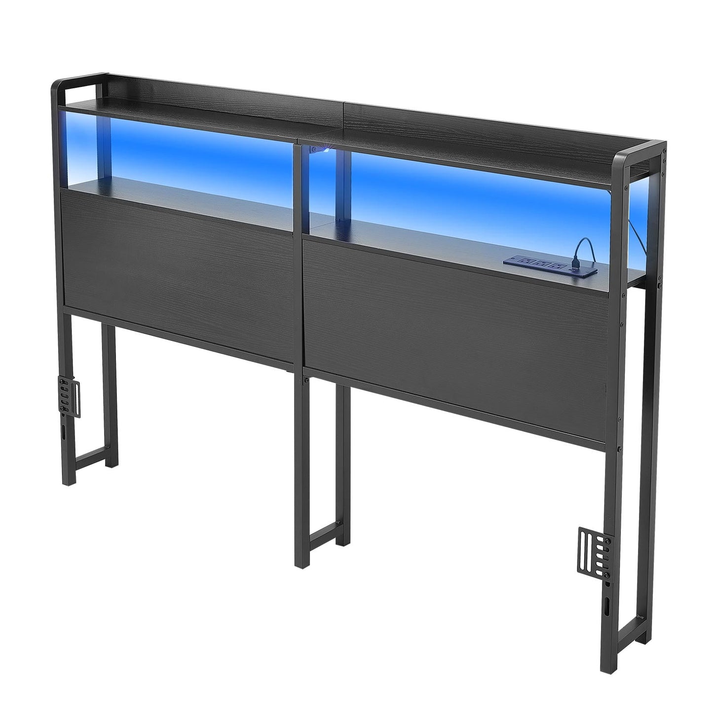 KFFKFF Headboard for Queen Size Bed with Storage Shelves, LED Lighting, Power Outlets, and USB Ports, Durable Carbon Steel Frame with Charging Station, Adjustable Height, Black