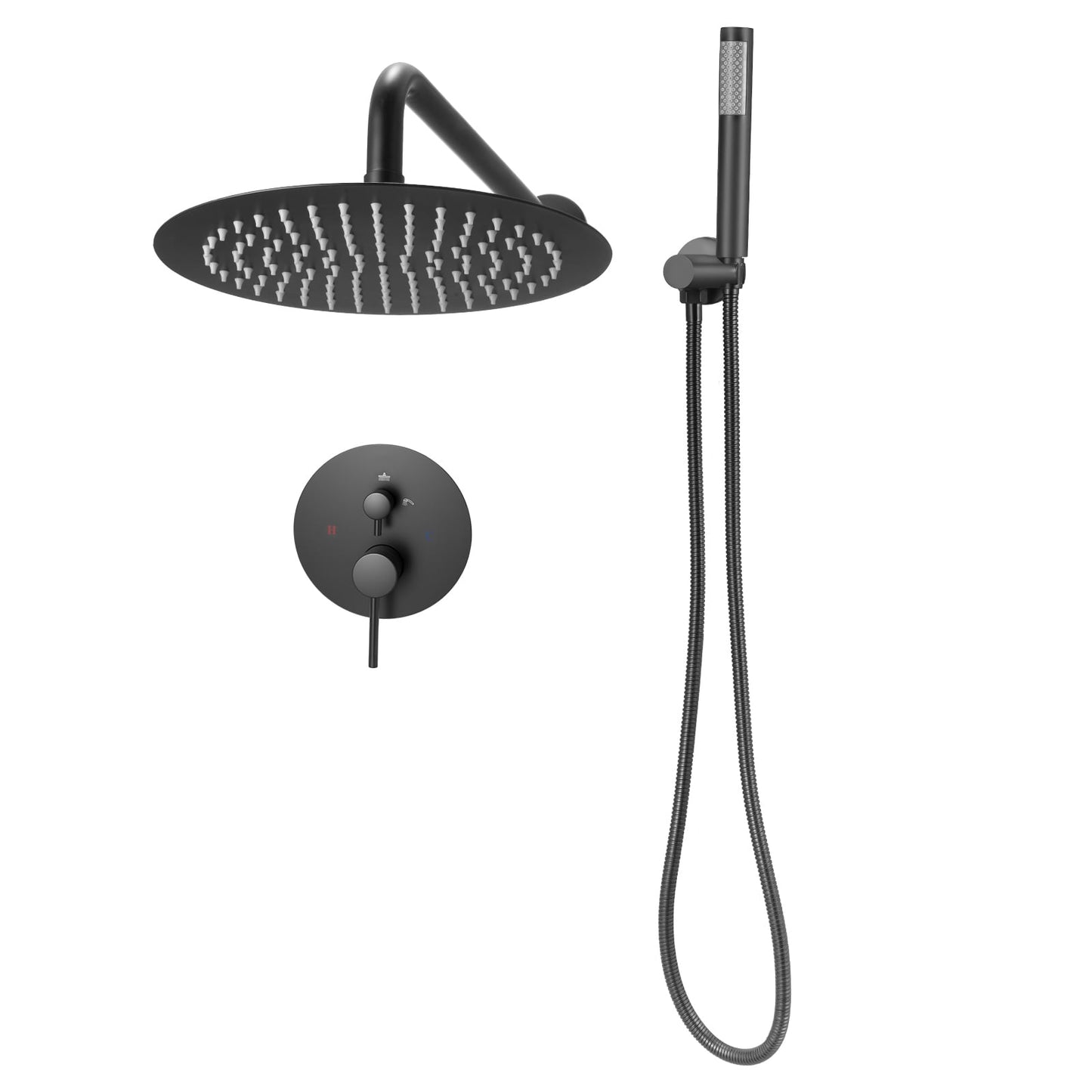 KFFKFF Shower Faucet Set, Wall-Mounted Bathroom System with 8-Inch Round Rain Shower Head and Handheld Spray, Includes Brass Valve and Trim Kit, Matte Black Finish