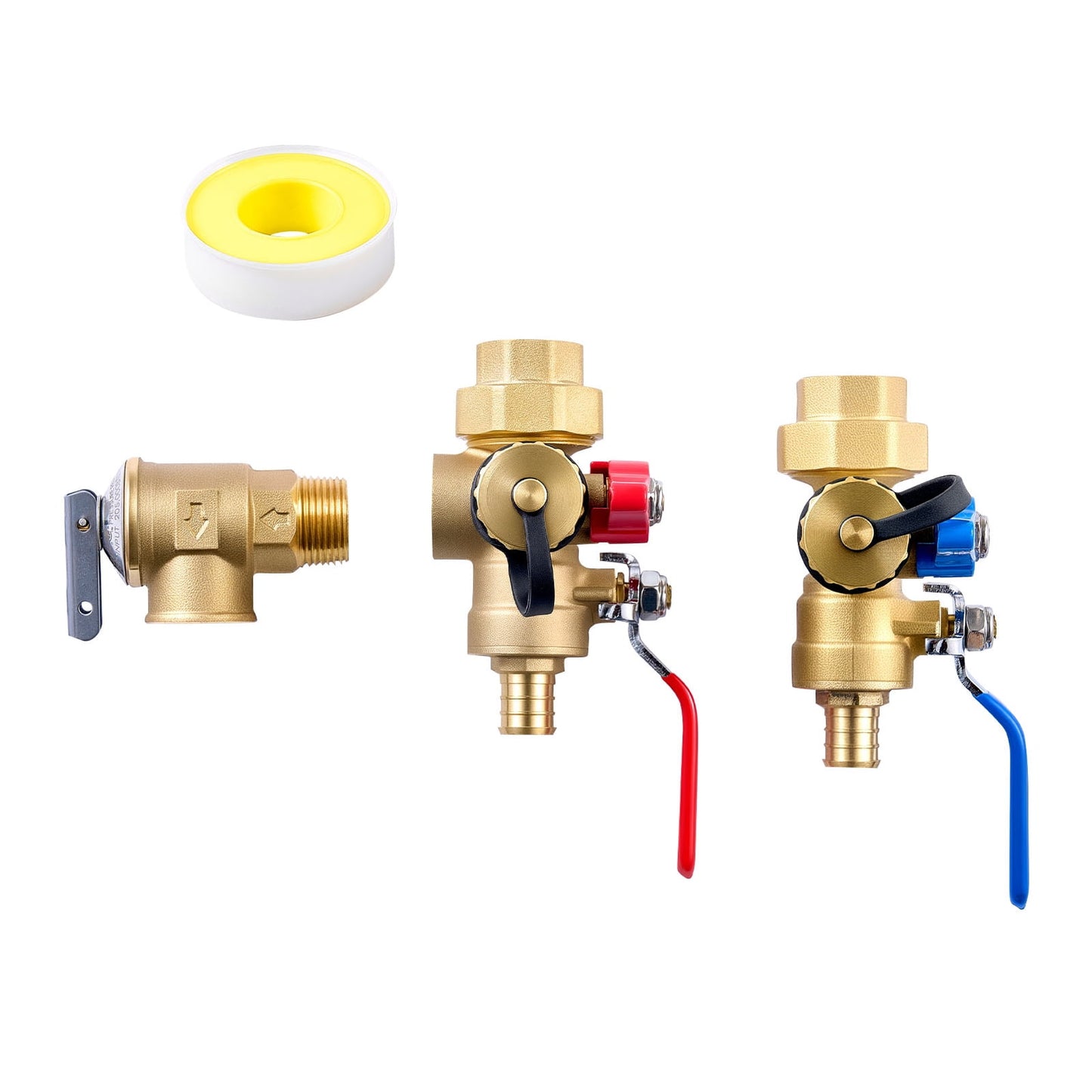 KFFKFF Tankless Water Heater Service Valve Kit, 3/4 Inch with 2PCS 3/4″ NPT to 3/4″ PEX-B Isolation Valves, Pressure Relief Valve, Lead-Free Brass, Compatible with Most Tankless Water Heaters