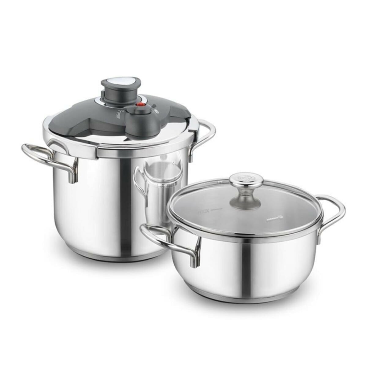 KORKMAZ Alia Stainless Steel Cookware and Pressure Pot, Pressure Cooker with Pressure Settings and Cookware with Glass Lid, 6.34+3.17 Quarts