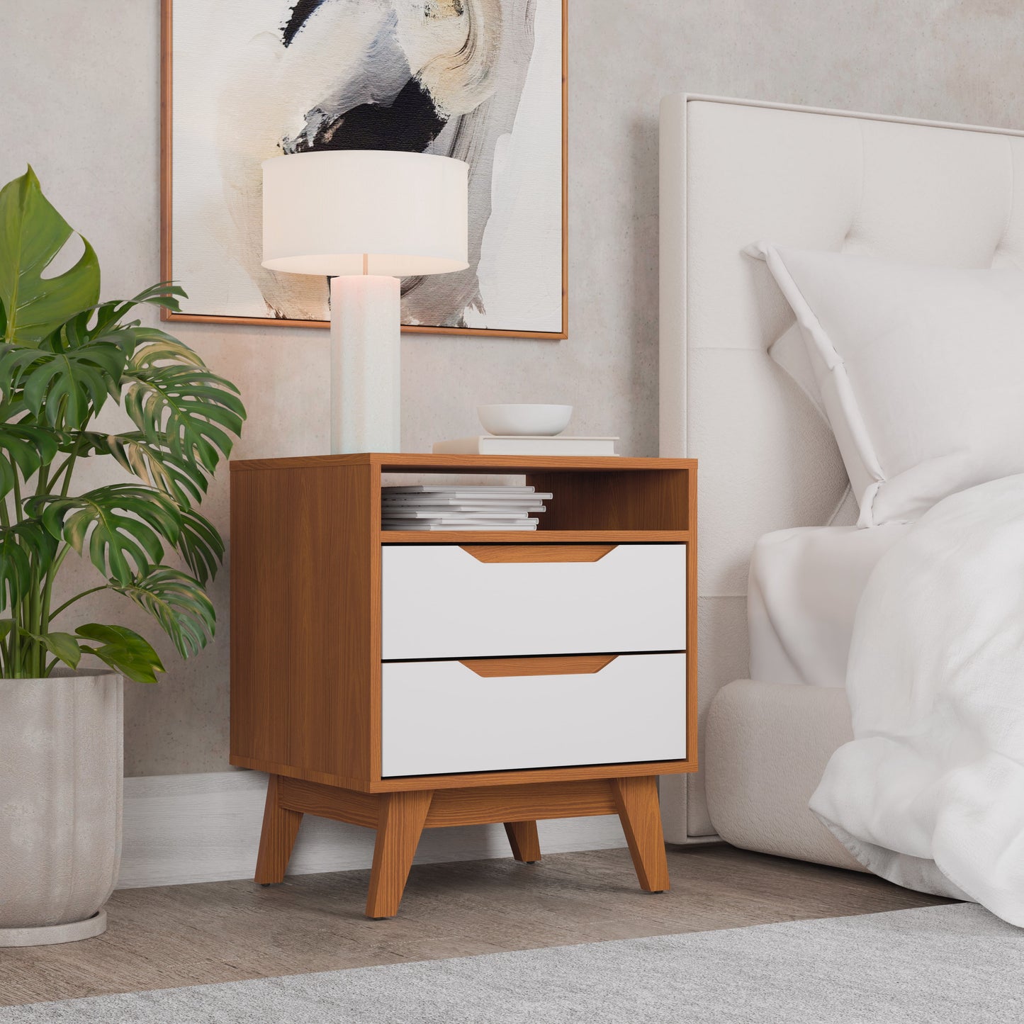Kappesberg Paris 2-Drawer Nightstand with Open Shelf and Built-in Handles - Golden Oak/White - for Adults and Teens