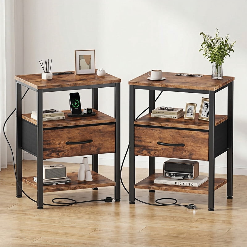Kelno 2PCS Nightstand with Fabric Drawer Charging Station USB TypeC Outlets Small Bedside Table with Adjustable Shelf, Rustic Brown