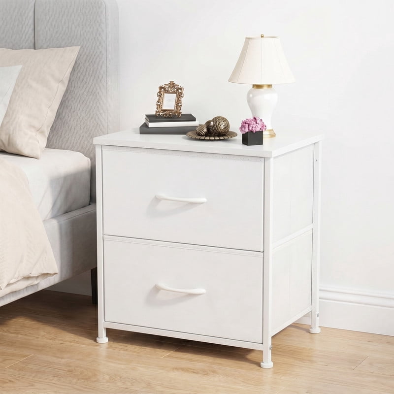 Kelno Nightstand 2 Drawers Fabric Storage Dresser Small Bedside Table Wood Top, White