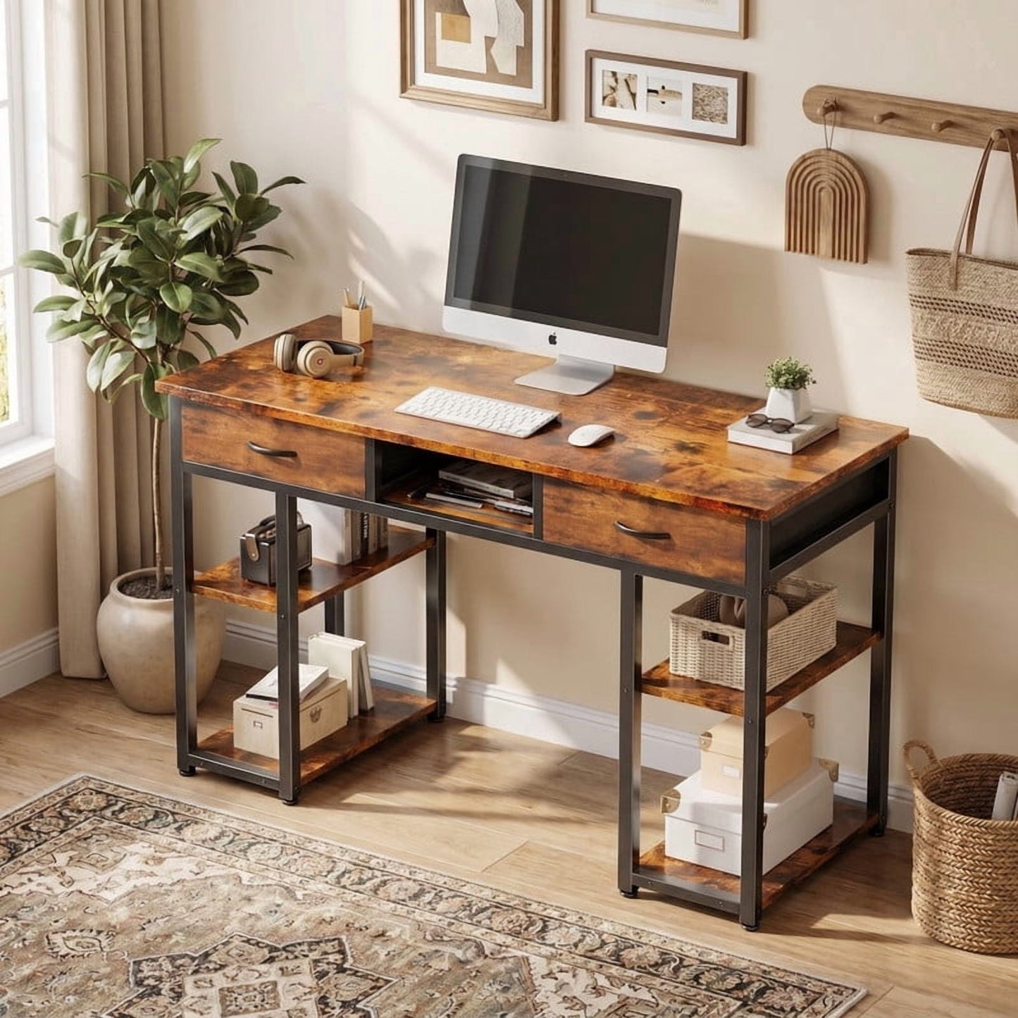 Kelno 48 Inch Computer Desk with 2 Fabric Drawer Storage Shelf Gaming Writing Table, Rustic Brown