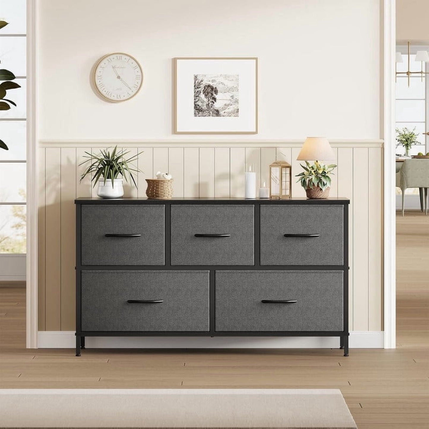 Kelno 5 Drawer Dresser Fabric Chest of Drawers Storage Organizer Wood Top Surface for TV, Grey