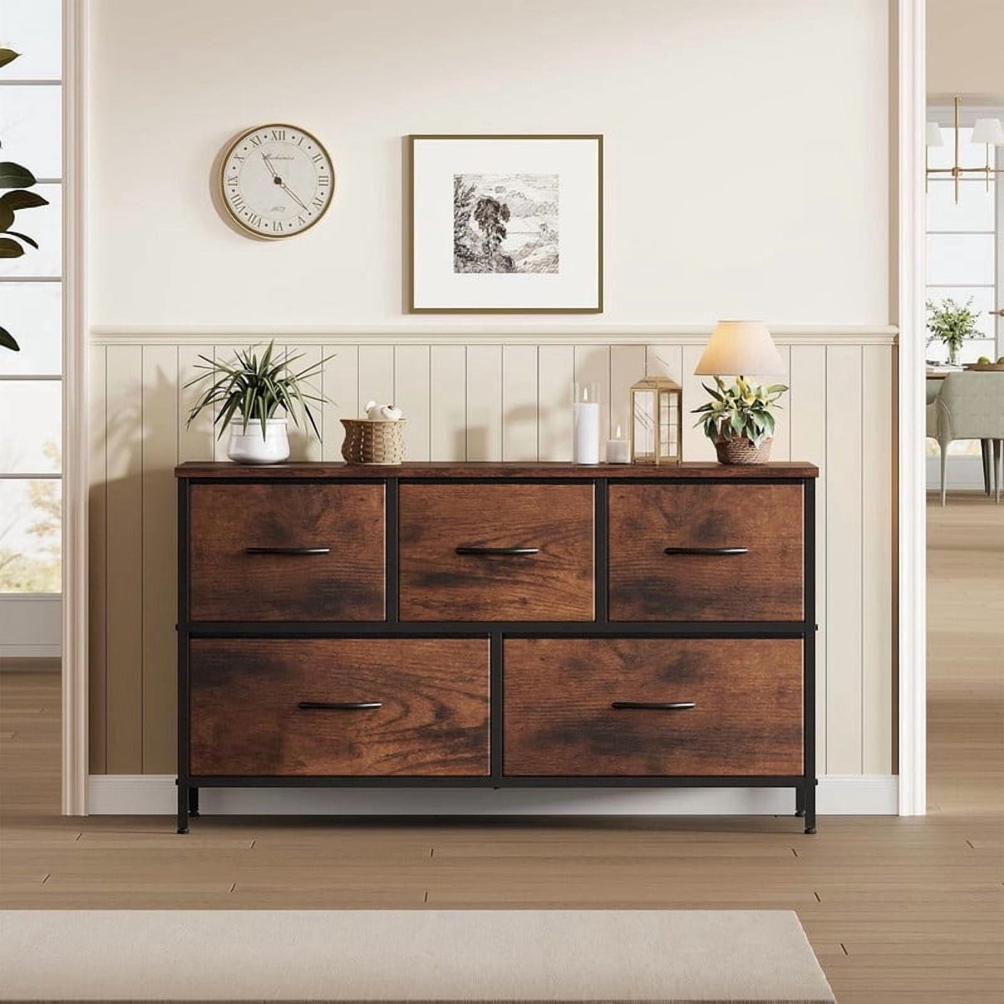 Kelno 5 Drawer Dresser Fabric Chest of Drawers Storage Organizer Wood Top Surface for TV, Rustic Brown