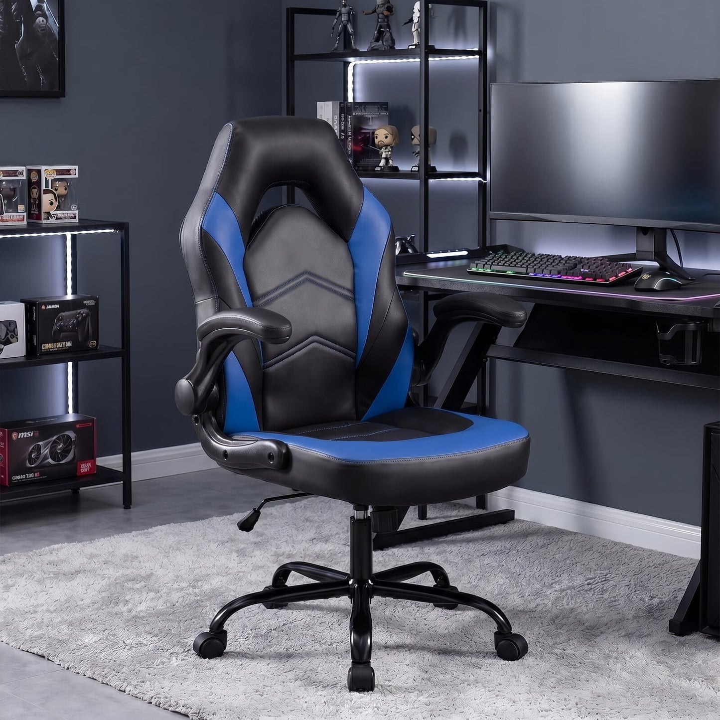 Kelno Ergonomic Gaming Chair PU Leather Computer Desk Chair with Lumbar Support Adjustable Height Flip-Up Armrests Swivel Wheels, Blue