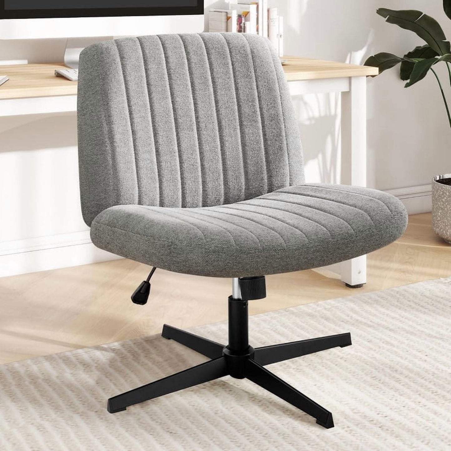 Kelno Linen Cross Legged Desk Chair Wide Seat Chair Ergonomic Height Adjustable Swivel Office Vanity Chair, Grey