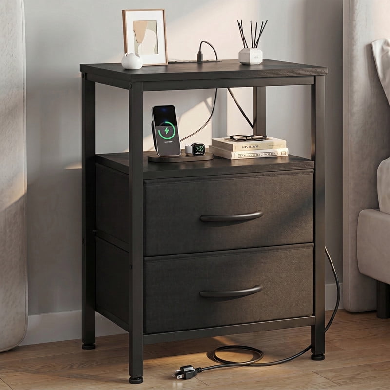 Kelno Nightstand with 2 Fabric Drawers Charging Station USB TypeC Outlets Small Bedside Table with Wood Top Open Storage Shelf, Rustic Brown
