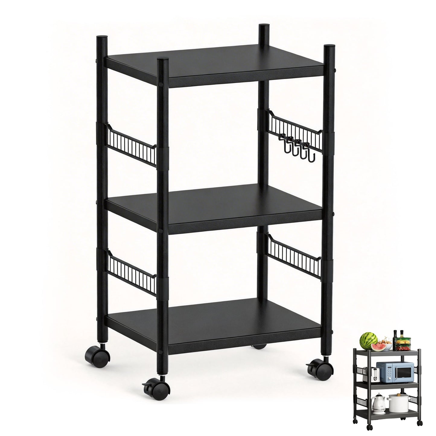 3-Tier Kitchen Microwave Cart, Rolling Utility Storage Cart, Utility Shelf Microwave Stand Storage Cart with Wheels and 4 Hooks, Microwave Oven Storage Cart for kitchens Bathrooms Offices