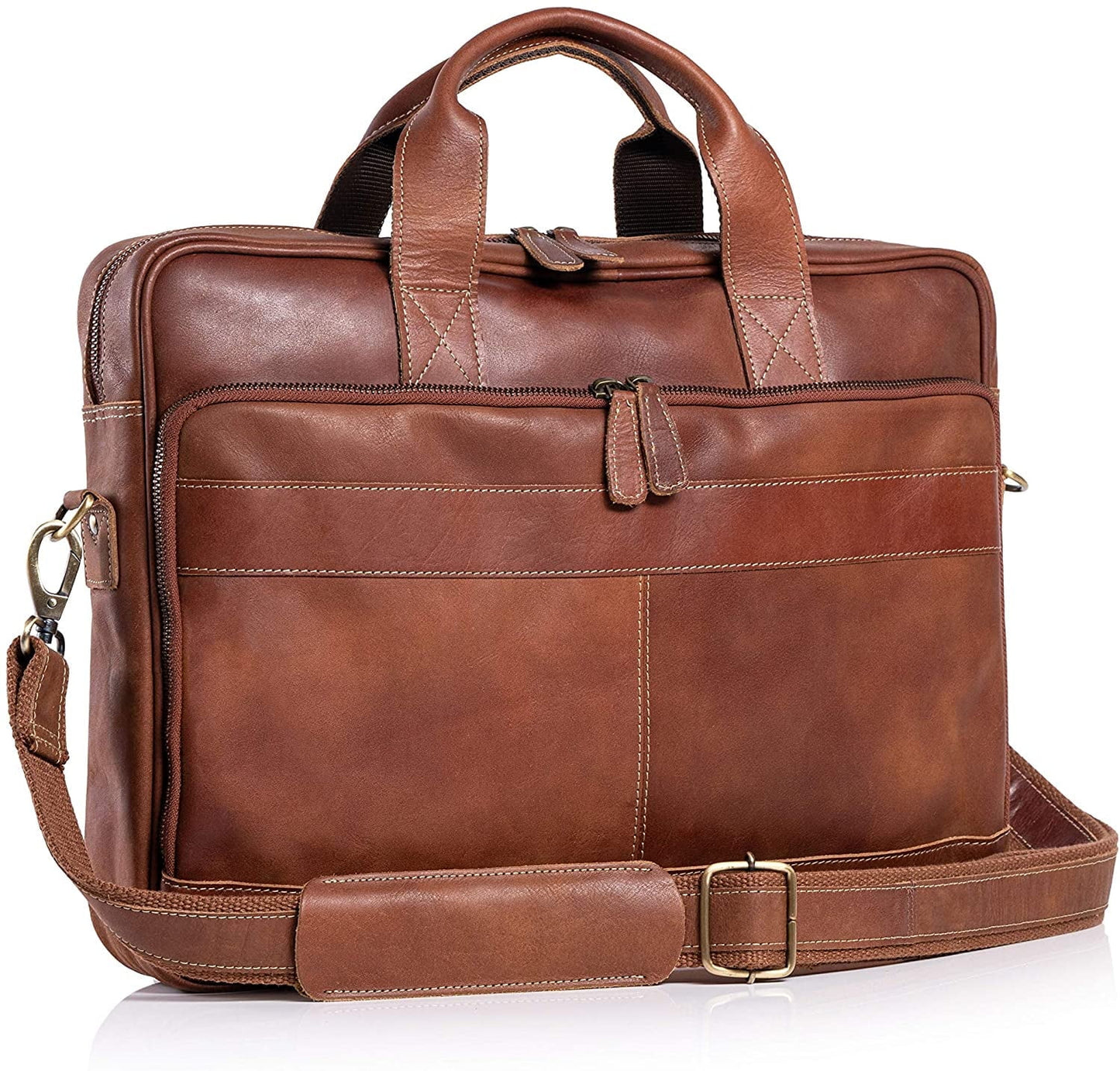 18-Inch Buffalo Leather Laptop Messenger Bag – Trolley-Compatible Briefcase for Men and Women with YKK Zippers and Multiple Compartments