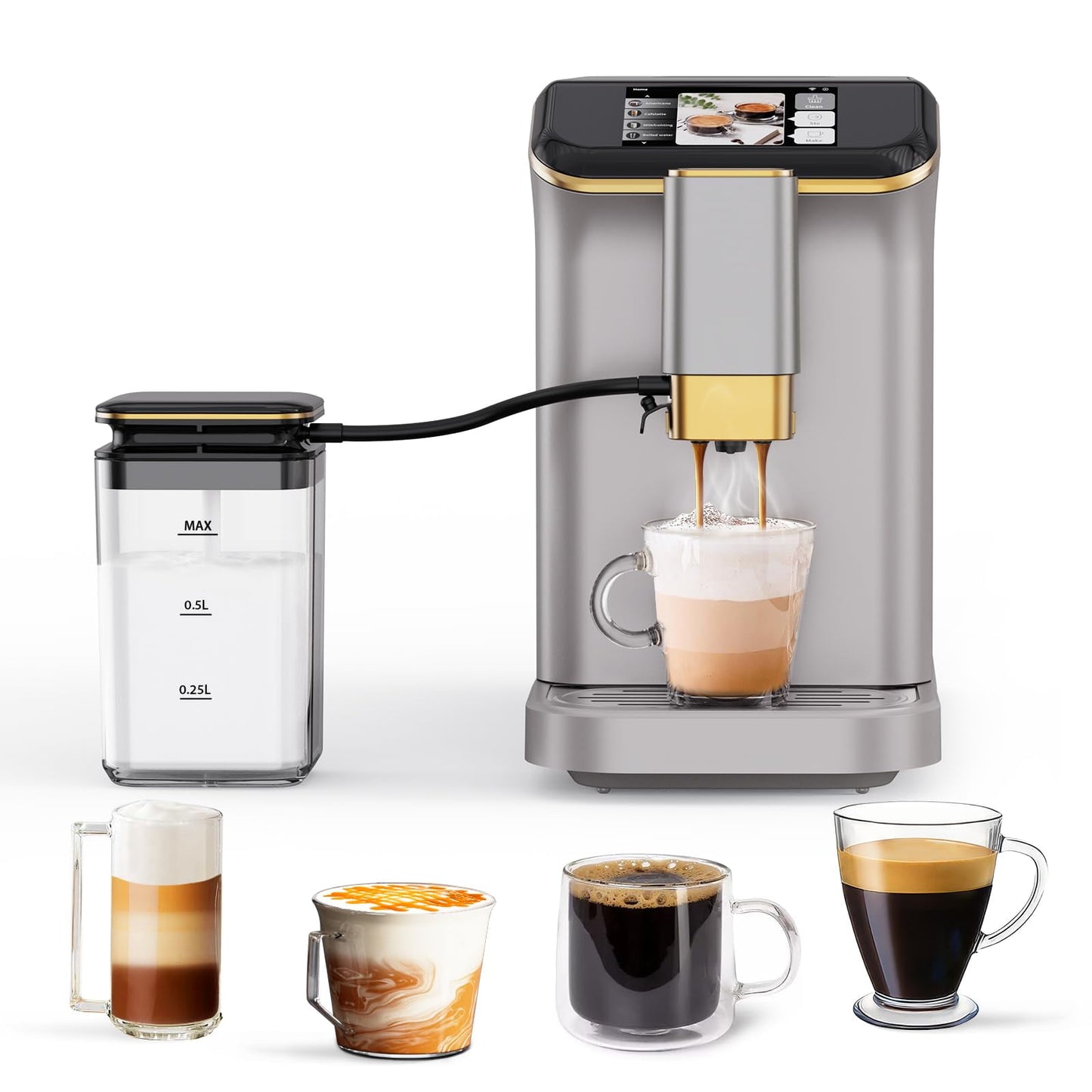 Kselythan Fully Automatic Espresso Coffee Machine with Milk Tank,20 Bar Hot & Iced Coffee Machine,Built-in Grinder,Touch Screen Espresso Maker with Steam Wand for Coffee Lover,Adjustable Grind Size