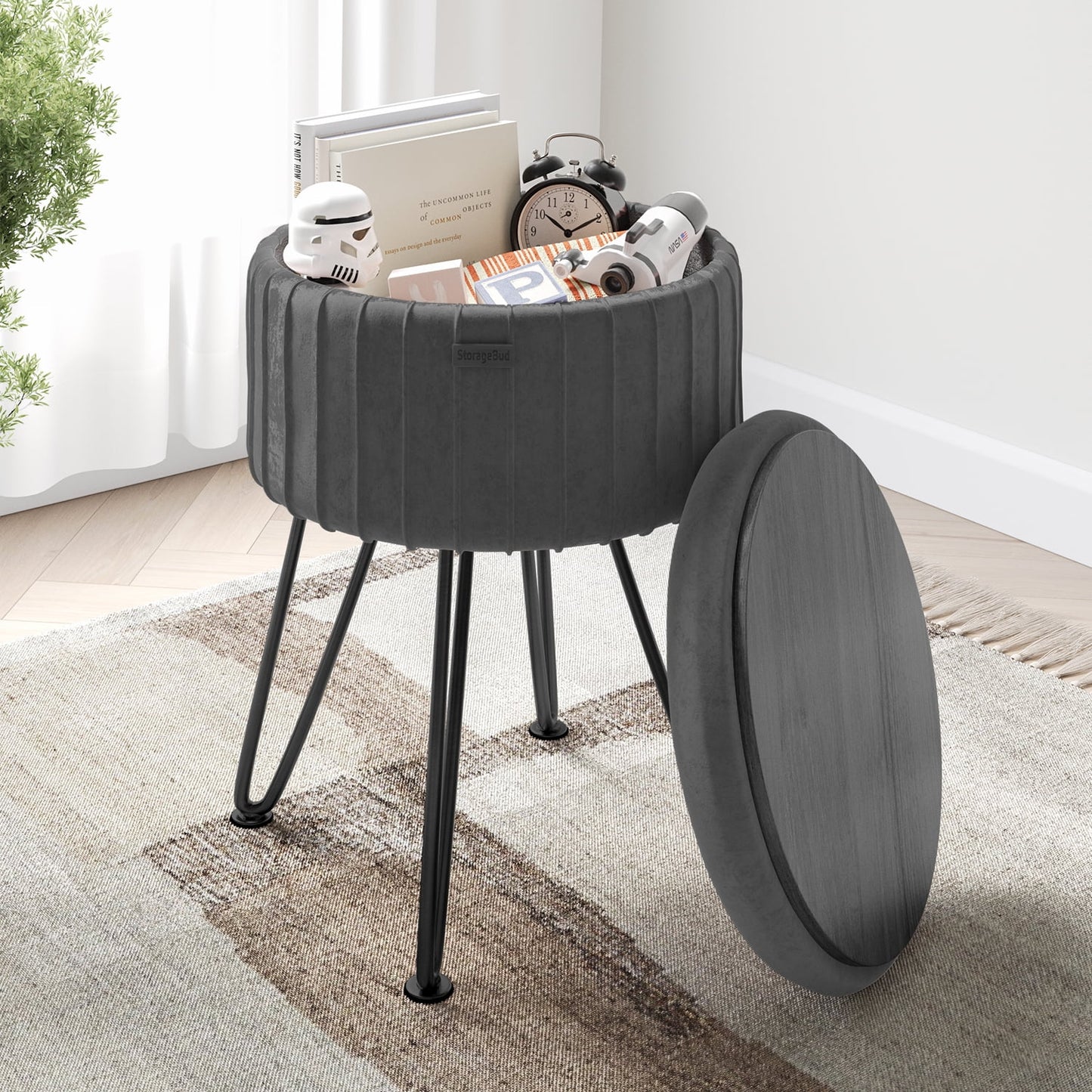 LammaLoe Small Round Ottoman with Storage, Pleated Velvet Ottoman Foot Stool with Lid, Upholstered Vanity Stool for Living Room & Bedroom, Gray