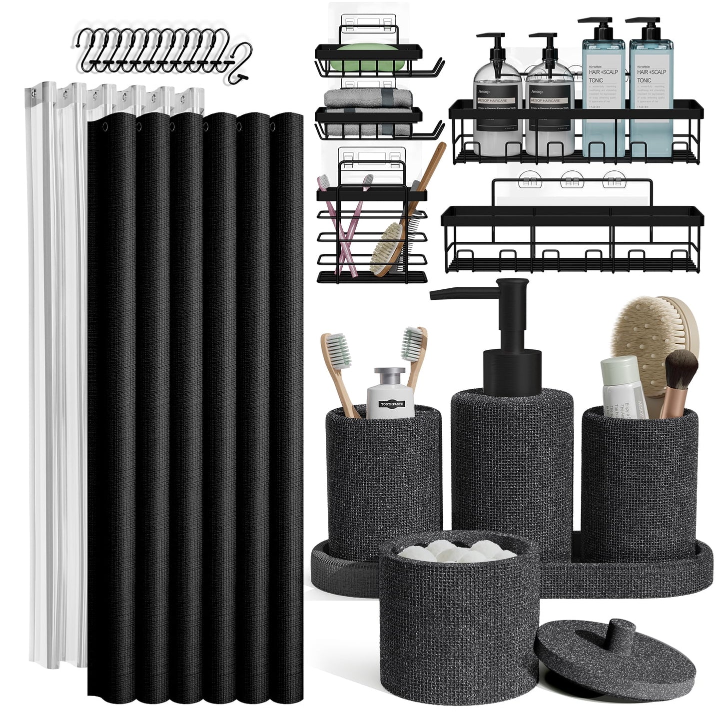 Lammaloe Coal Bathroom Accessories Sets and Shower Caddy for Bathroom Sets with Shower Curtain Sets for Bathroom Decor with Toothbrush Holder