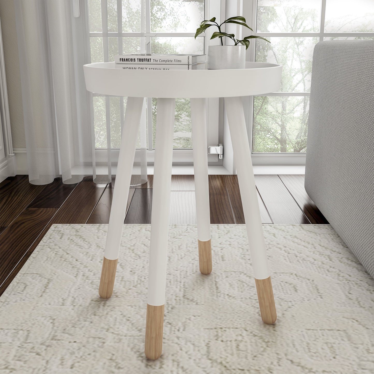 Lavish Home End Table Round Mid-Century Modern Wooden Contemporary Decor (White)