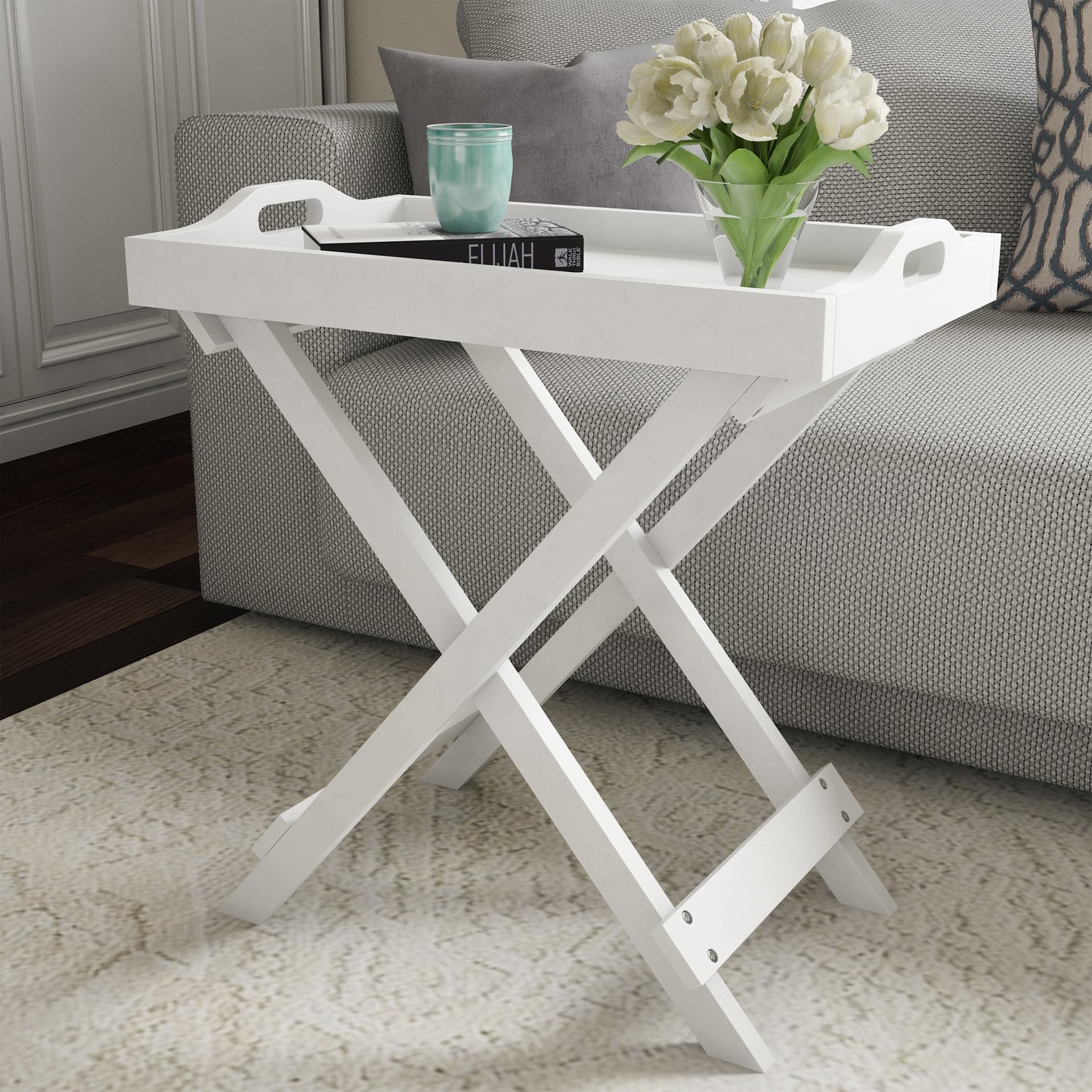 Lavish Home Folding End Table with Removable TV Tray, White
