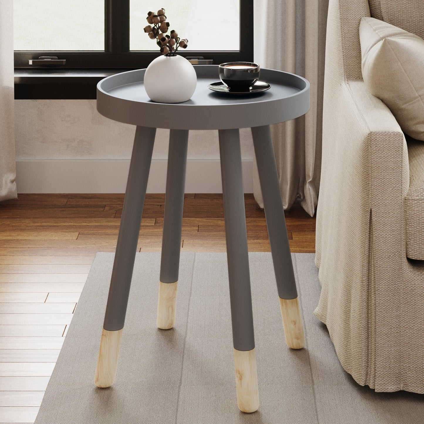 Lavish Home Mid-Century Modern Round End Side Table with Tray Top – Living Room, Bedside & Decor, Gray