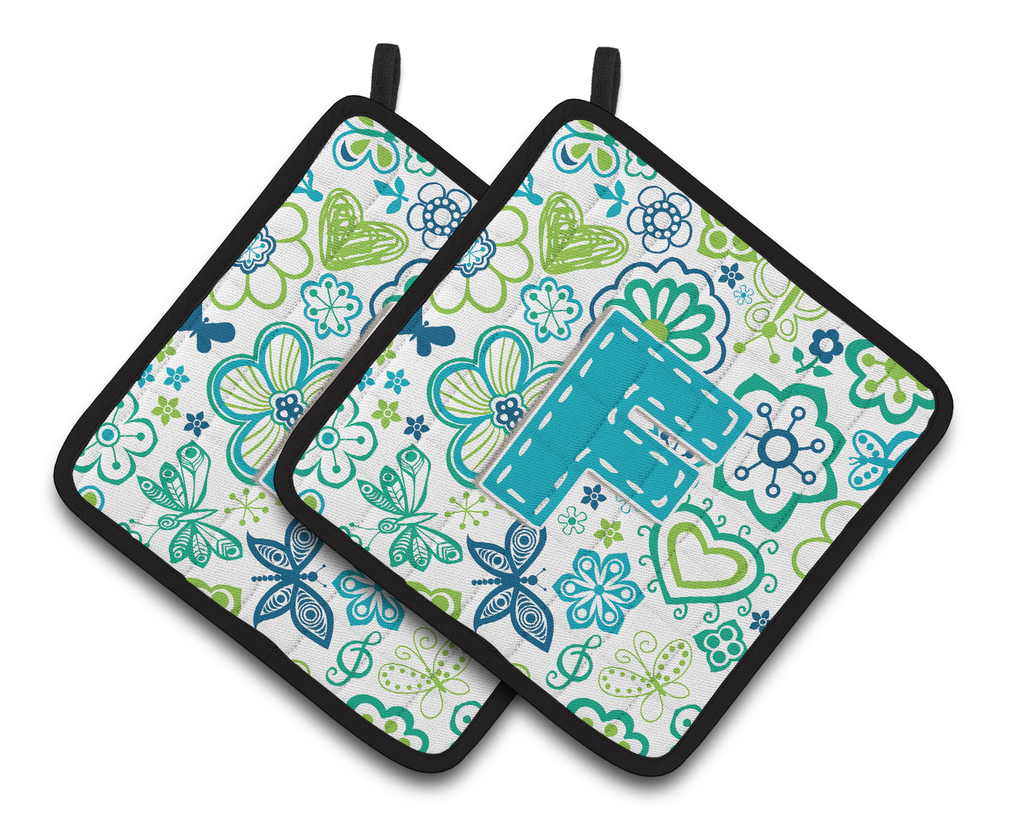 Letter F Flowers and Butterflies Teal Blue Pair of Pot Holders
