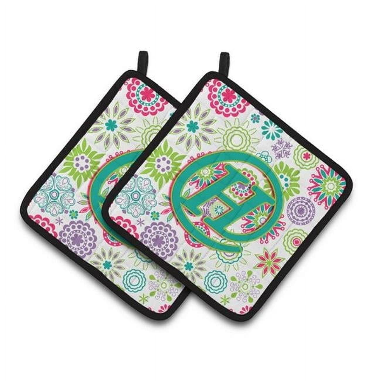 Letter H Flowers Pink Teal Green Initial Pair of Pot Holders