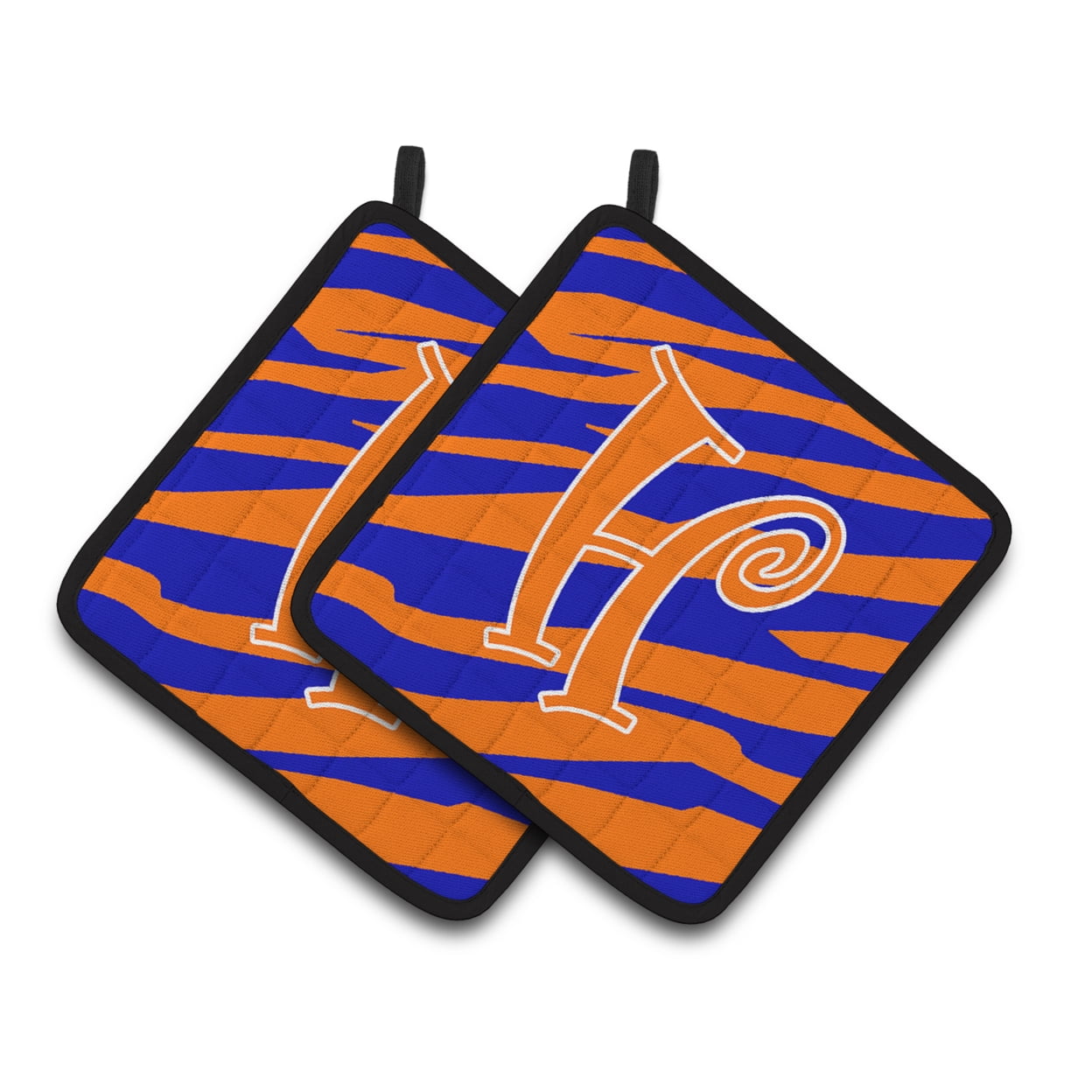 Letter H Initial Tiger Stripe Blue and Orange Pair of Pot Holders