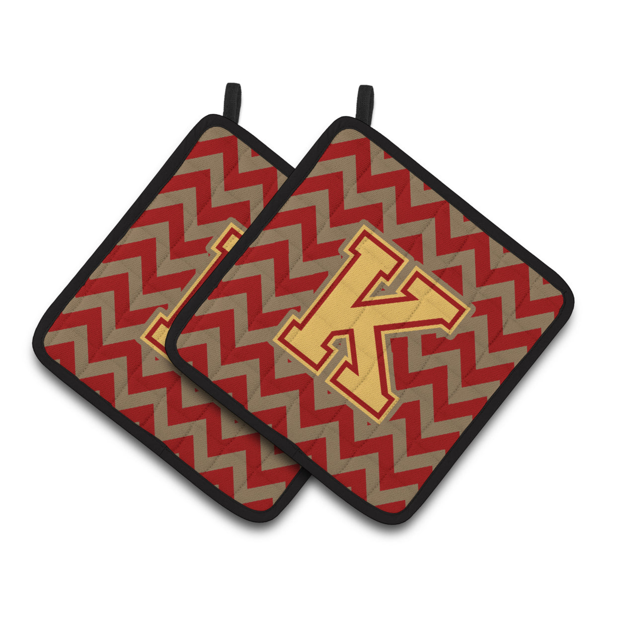 Letter K Chevron Garnet and Gold Pair of Pot Holders