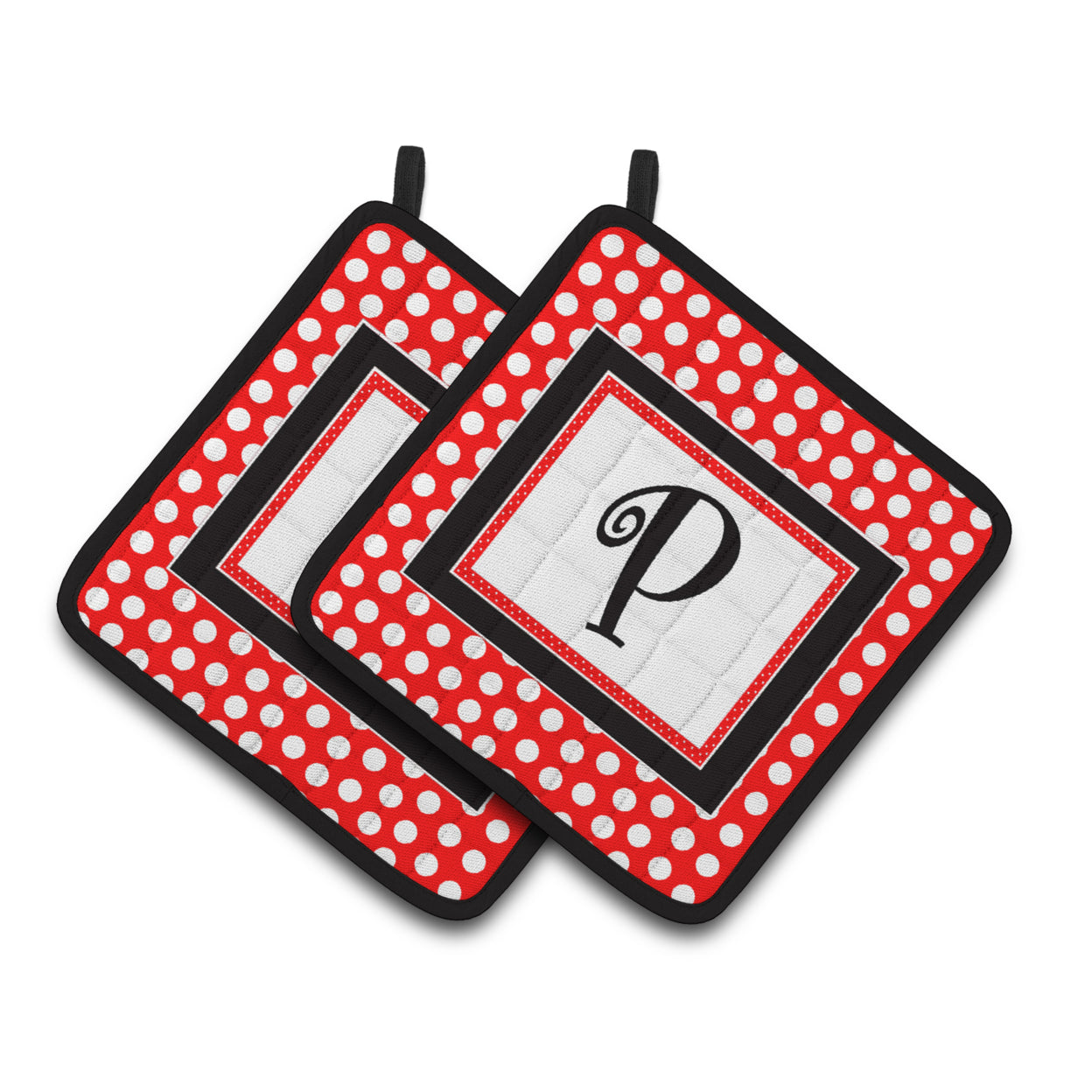 Letter P Initial - Red Black Polka Dots Pair of Pot Holders