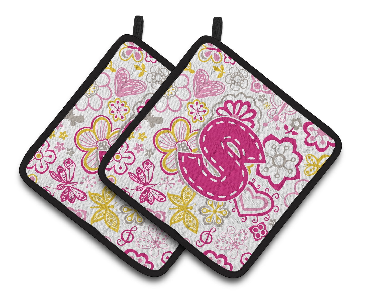 Letter S Flowers and Butterflies Pink Pair of Pot Holders