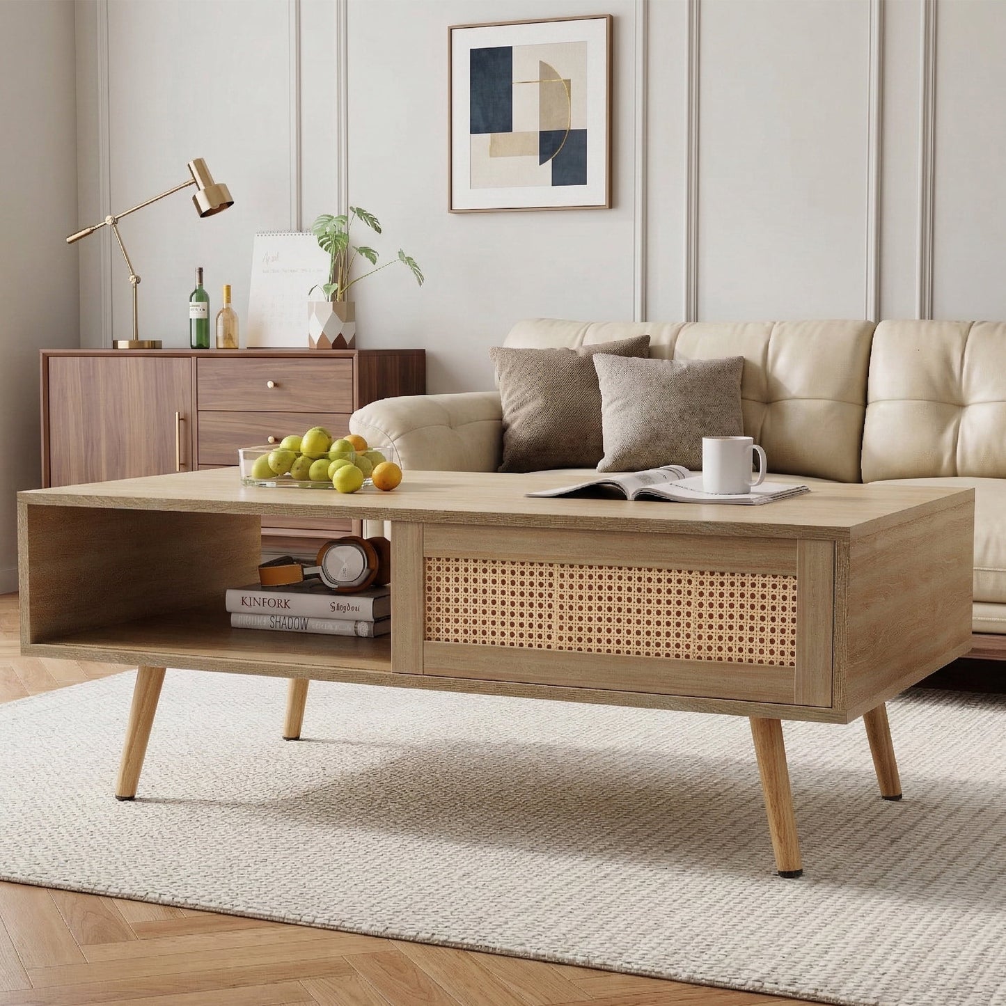 Leumius 41.3 Inch Rattan Coffee Table with Sliding Storage Door, Rectangle Wooden Accent Center Sofa Table with Solid Wood Legs,Suitable for Living Room,Natural
