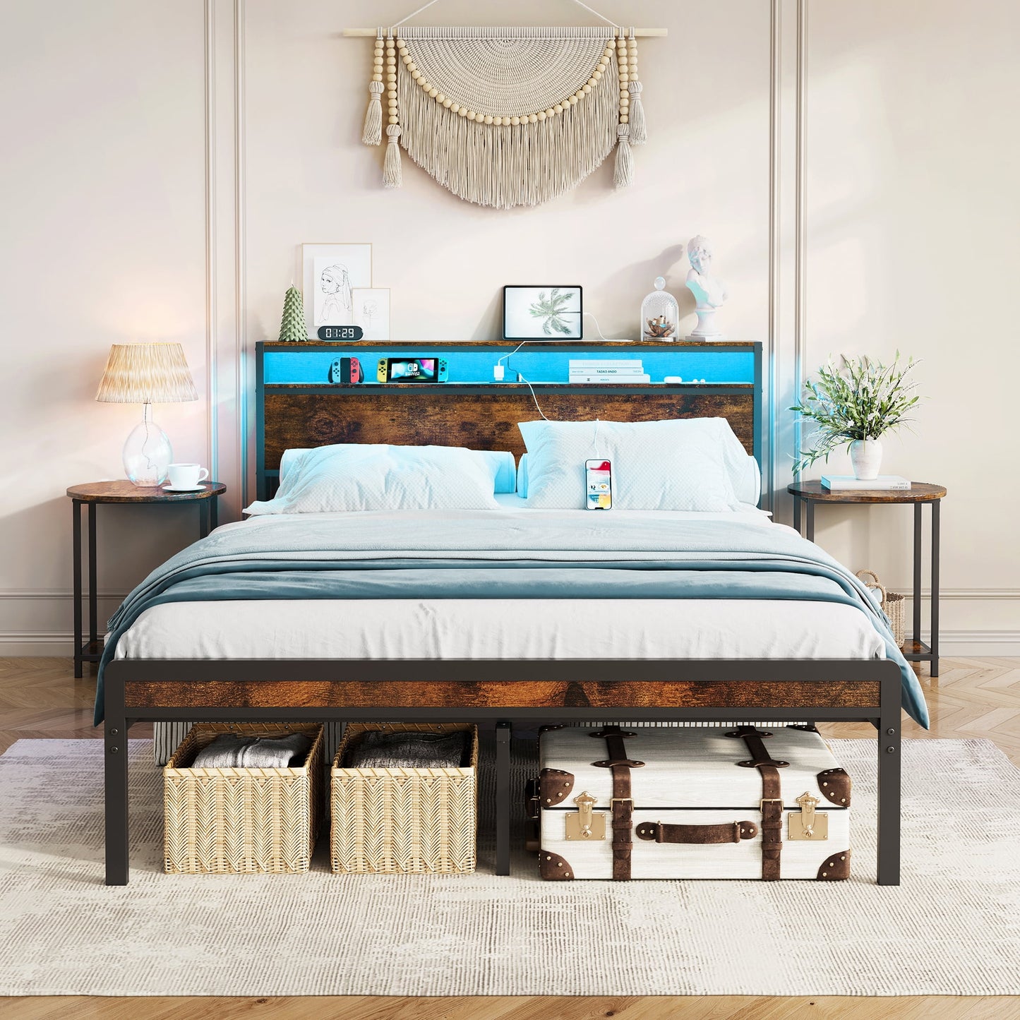 Leumius Full Size Bed Frame with Led Lights Storage Headboard,Heavy Duty Metal Bed Frame with Charging Station,Steel Slat Support, Noise Free,Antique Brown